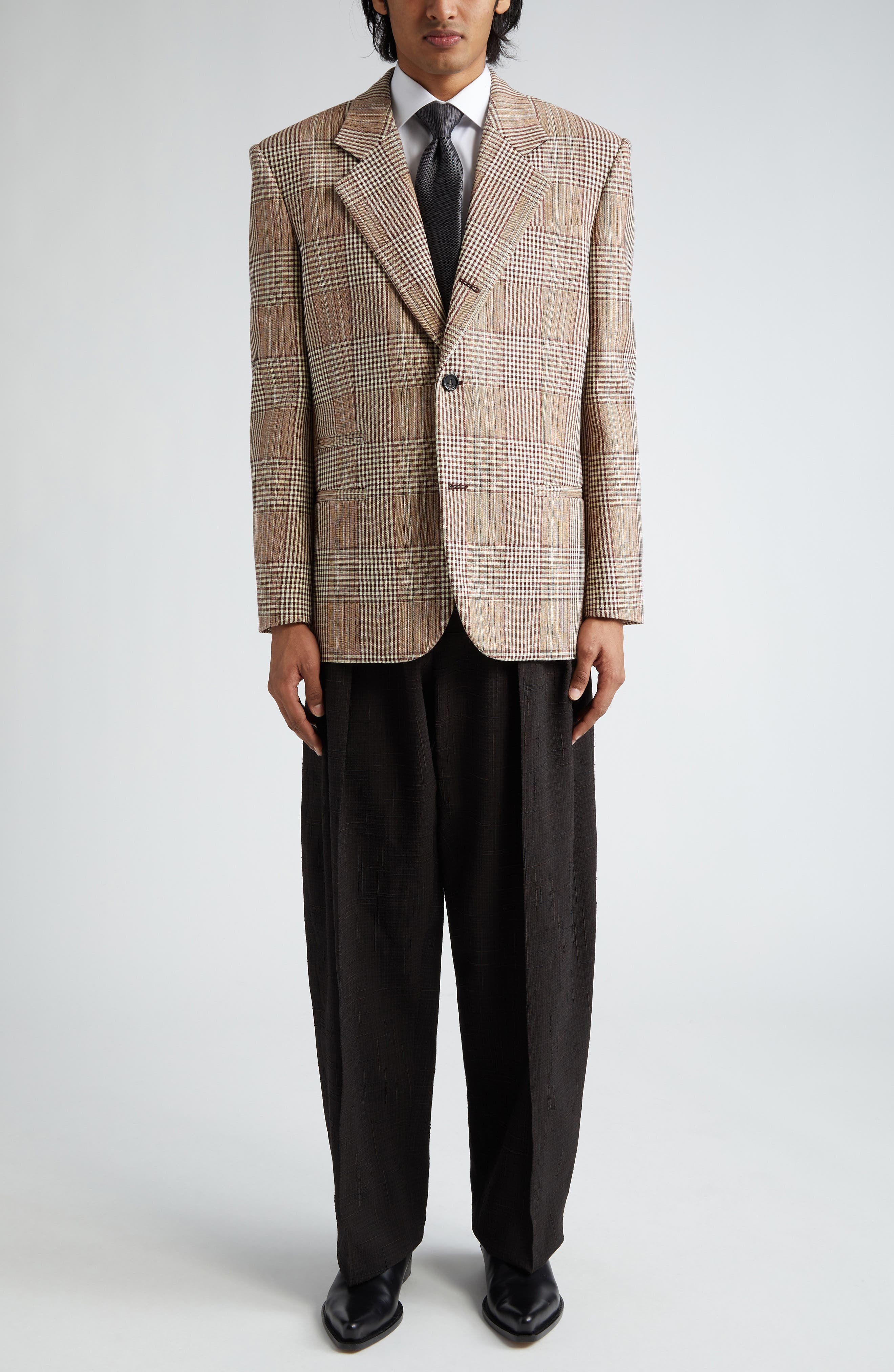 Bottega Veneta Relaxed Fit Check Double Face Cotton Blend Blazer in Brown/White/Yellow at Nordstrom - 2