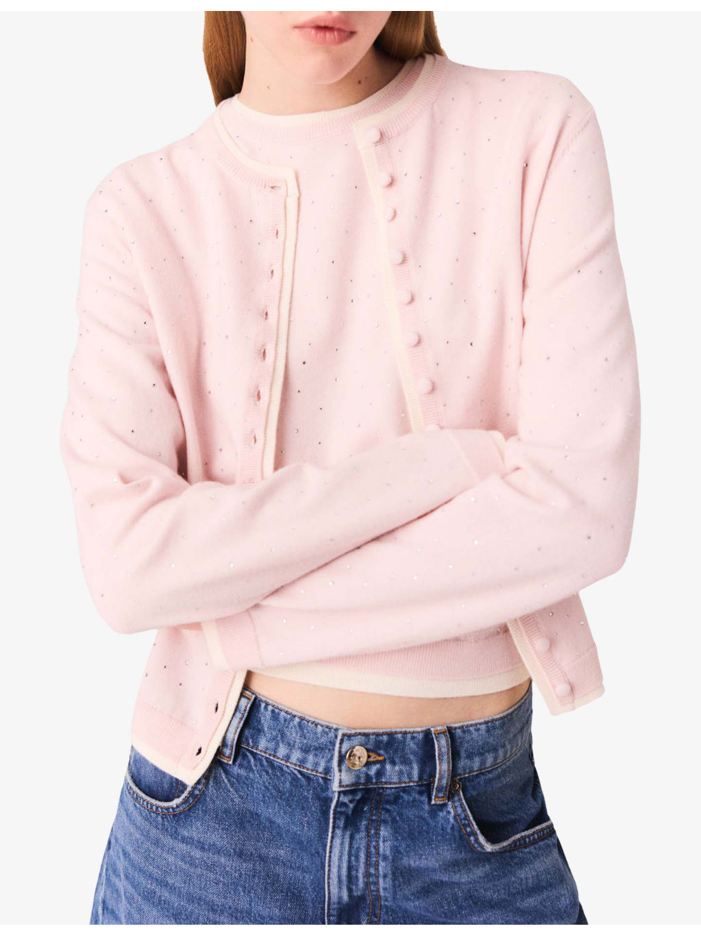 Rhinestone-Embellished Contrast-Trim Stretch Wool-Blend Cardigan - 5