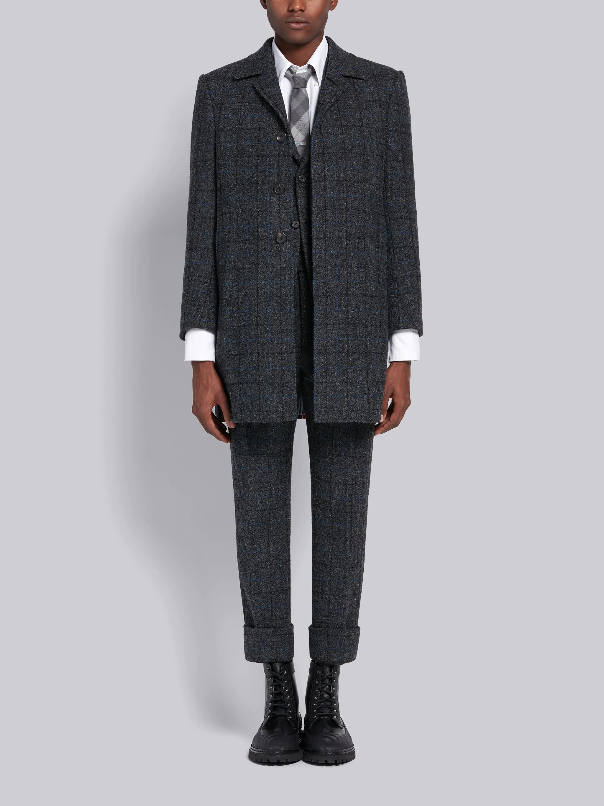 Dark Grey Wool Tattersall Check Classic Bal Collar Overcoat - 4