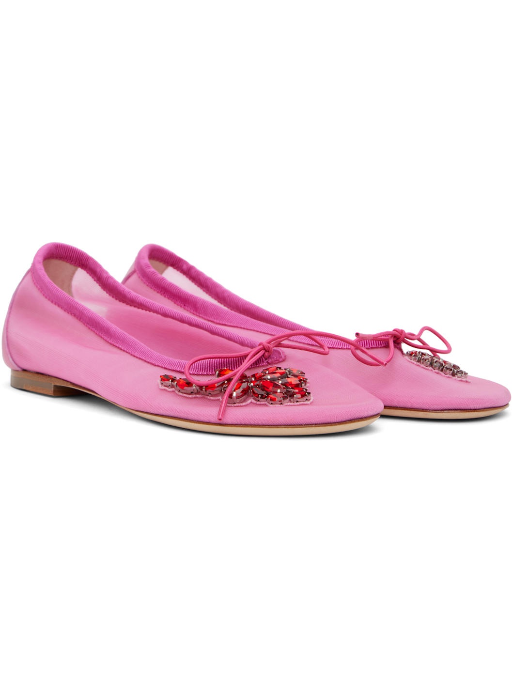 Pink Embellished Flower Mesh Ballerina Flats - 4