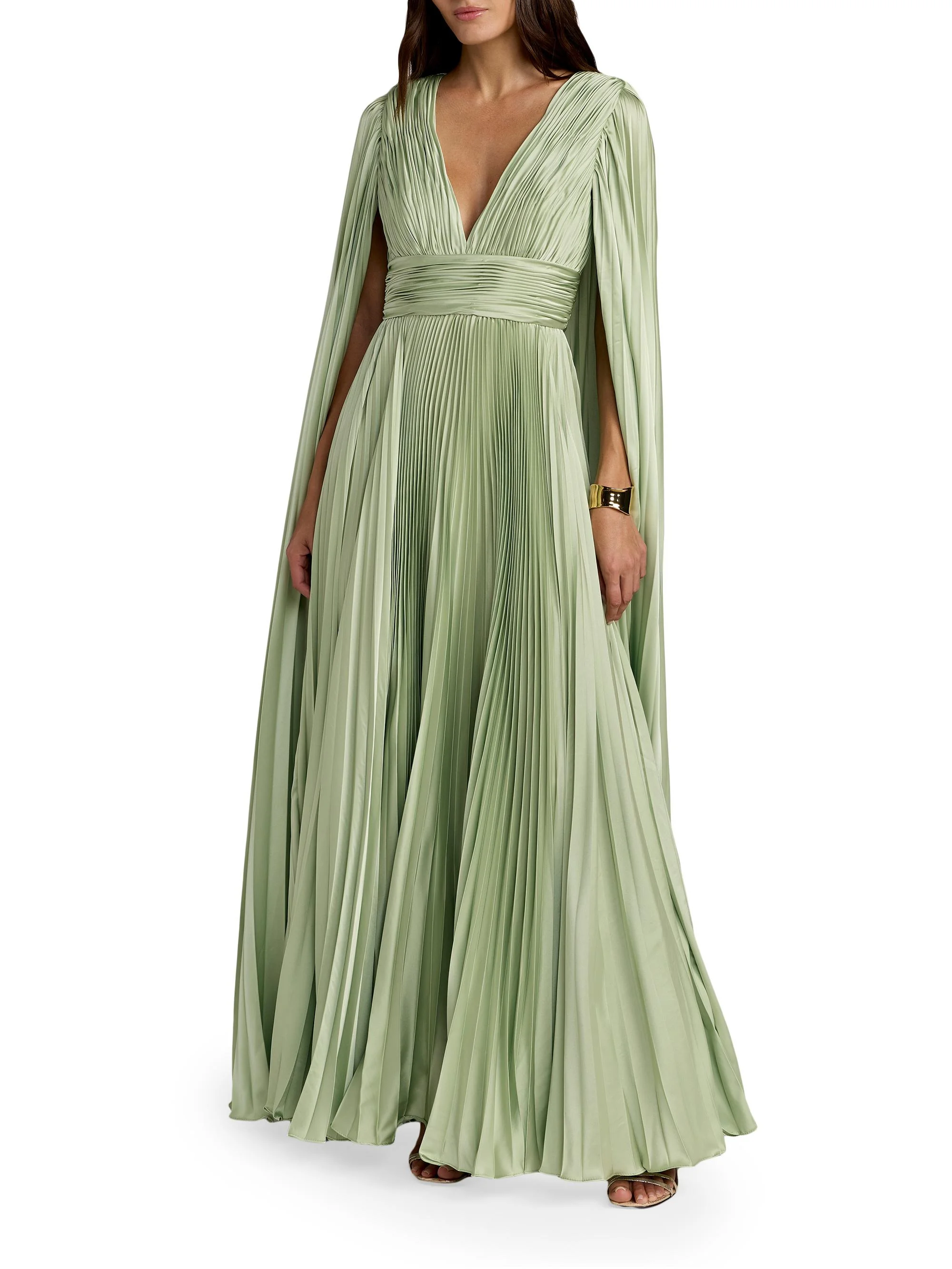 Women's Metallic Pleated Charmeuse Cape Gown - Sage - 1