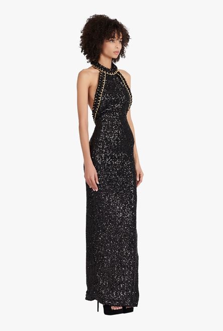 Long black and gold sequined embroidered dress - 7