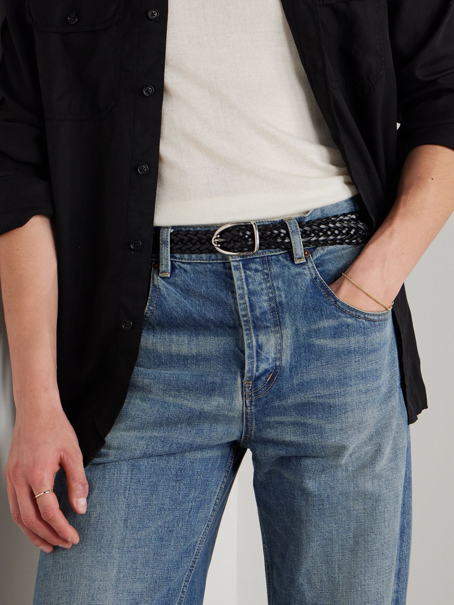 2.5cm Woven Leather Belt Black - 2