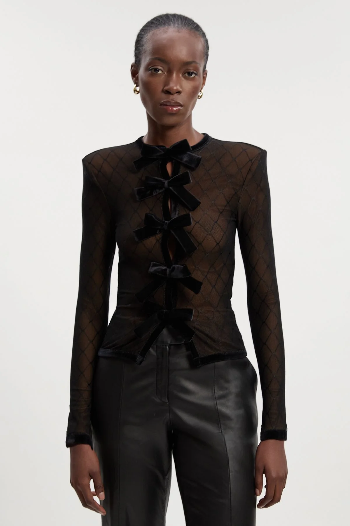 Mesh With Velvet Bow Trim Detail Crew Neck Long Sleeve Top - 1