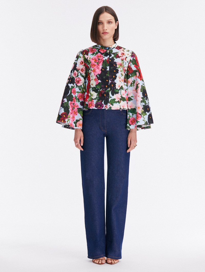 Oscar de la Renta BELL SLEEVE HOLLYHOCKS COTTON POPLIN BLOUSE outlook