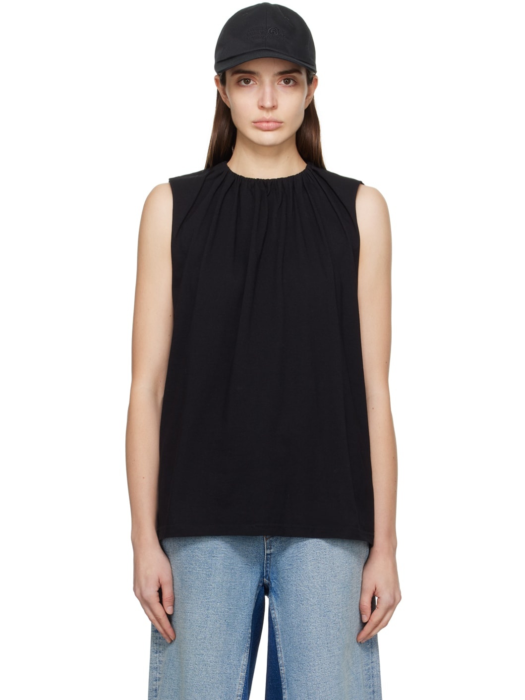 Black Gathered Tank Top - 1