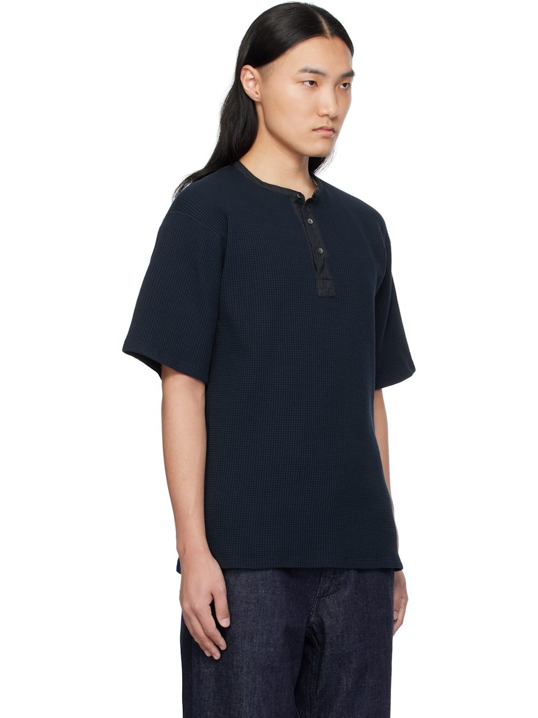 Navy Henry Neck Thermal Sweat Henley - 2