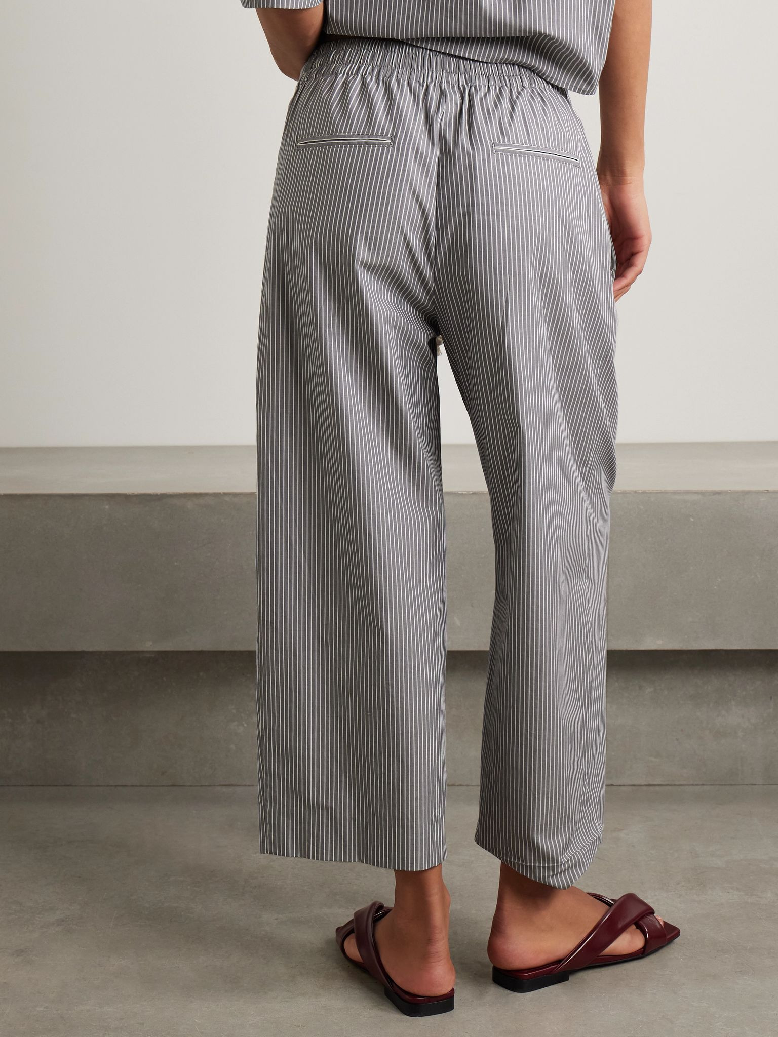 Cropped pleated striped organic cotton wide-leg pants Gray - 3
