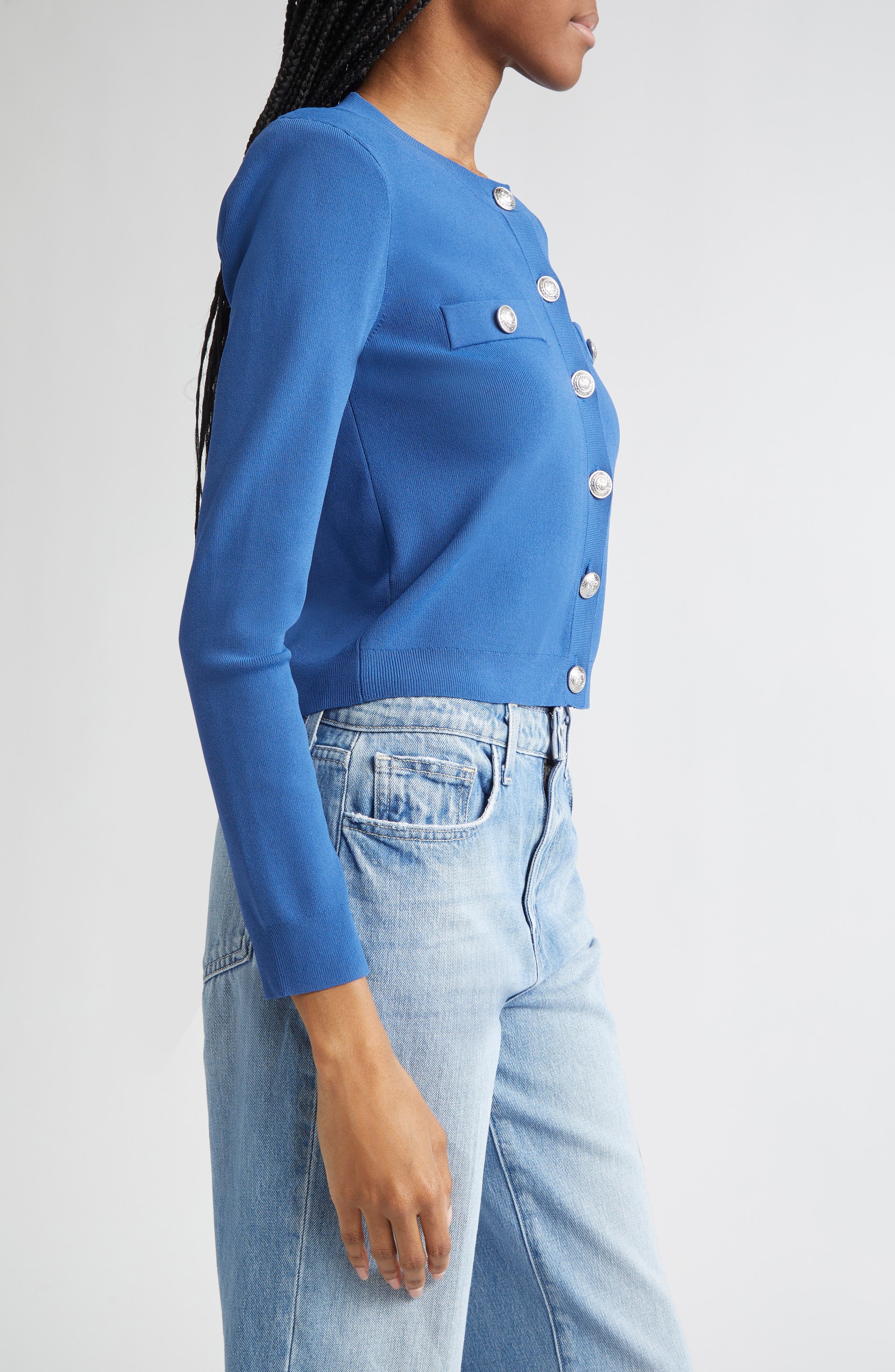 L'AGENCE Toulouse Crewneck Crop Cardigan in Bay Blue/Nickel at Nordstrom - 3
