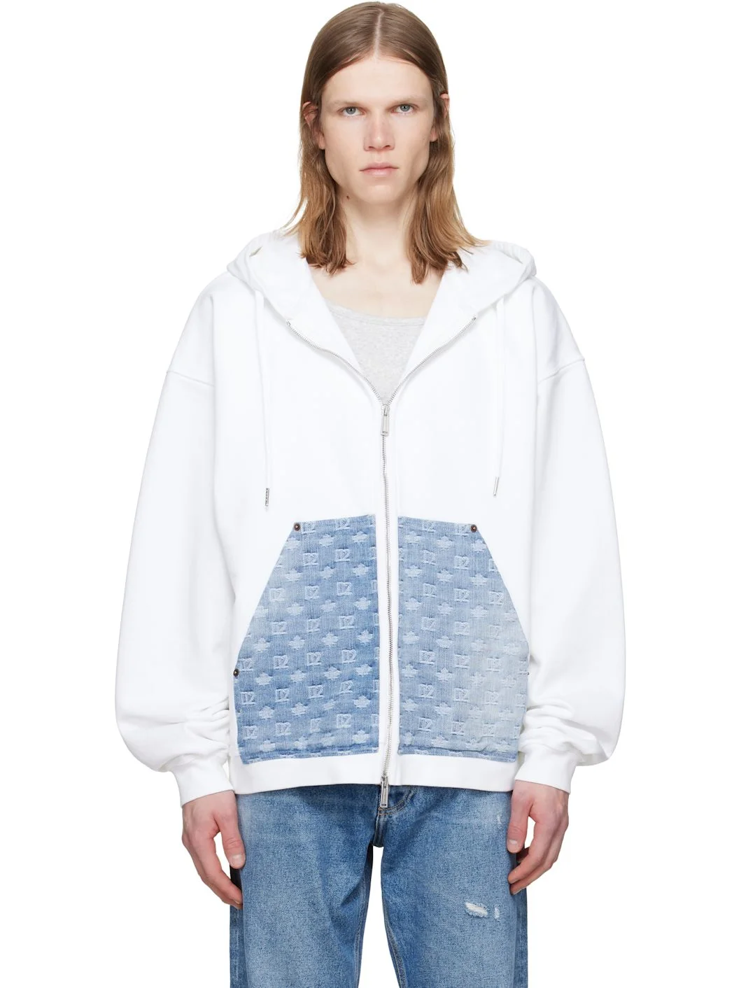 White Denim Mix Relax Zipped Fit Hoodie - 1