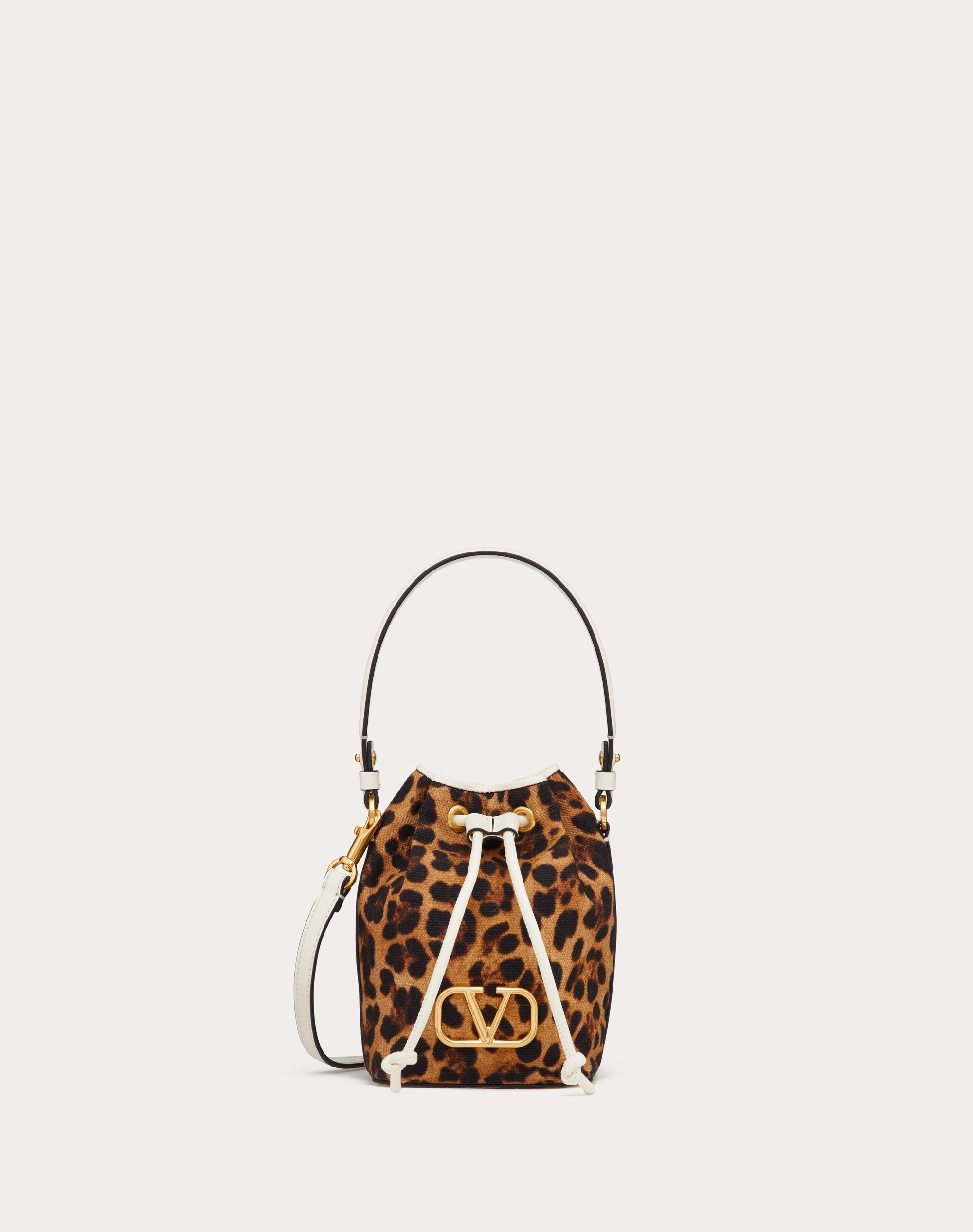 MINI VALENTINO GARAVANI ESCAPE BUCKET BAG IN CANVAS WITH ANIMALIER PRINT - 1