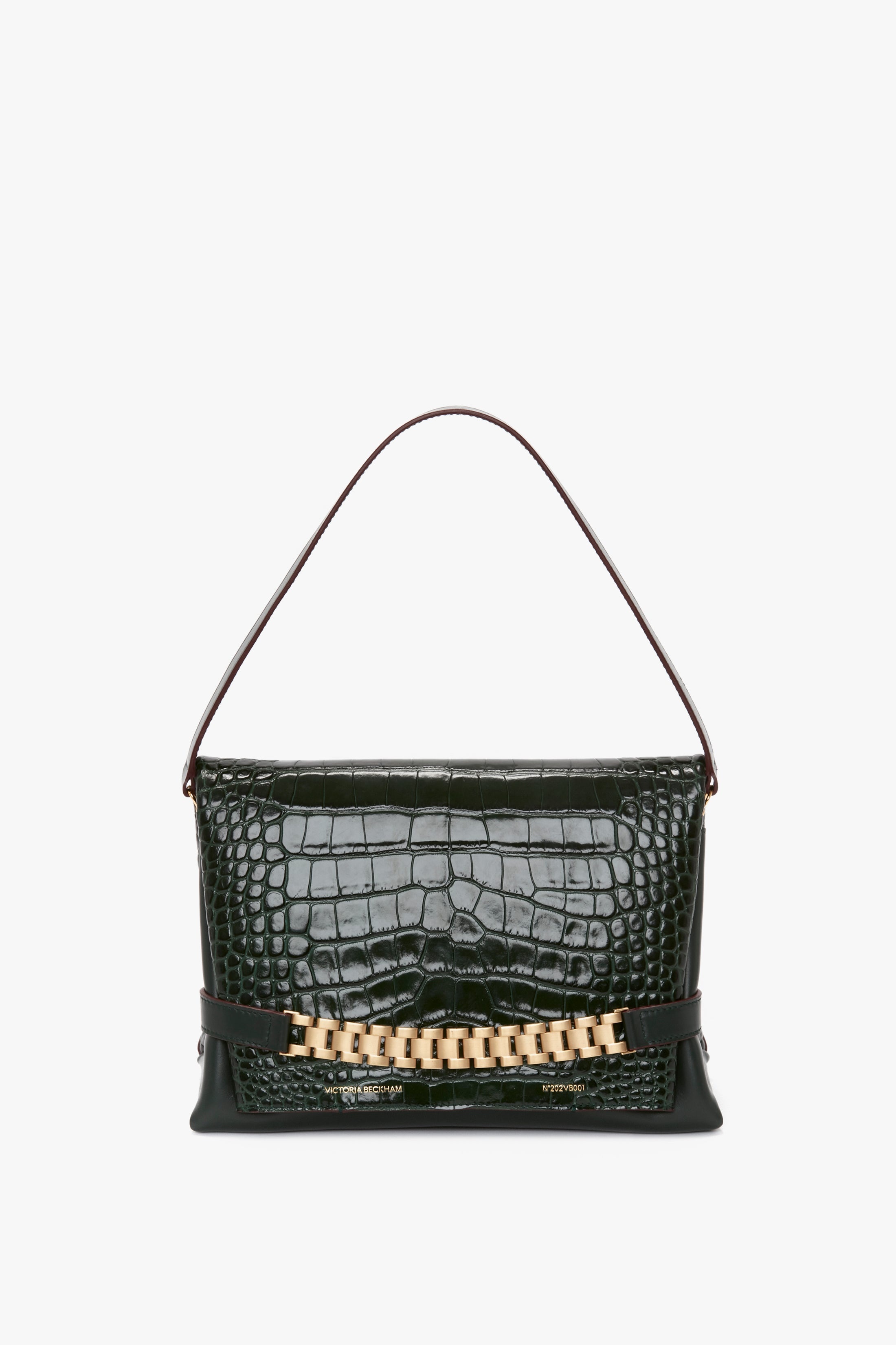 Chain Pouch With Strap In Dark Forest Croc-Effect Leather - 1