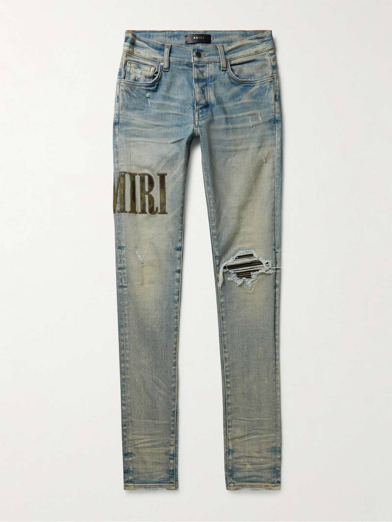스키니 손가락 Leather-Trimmed Distressed 청바지 - 1