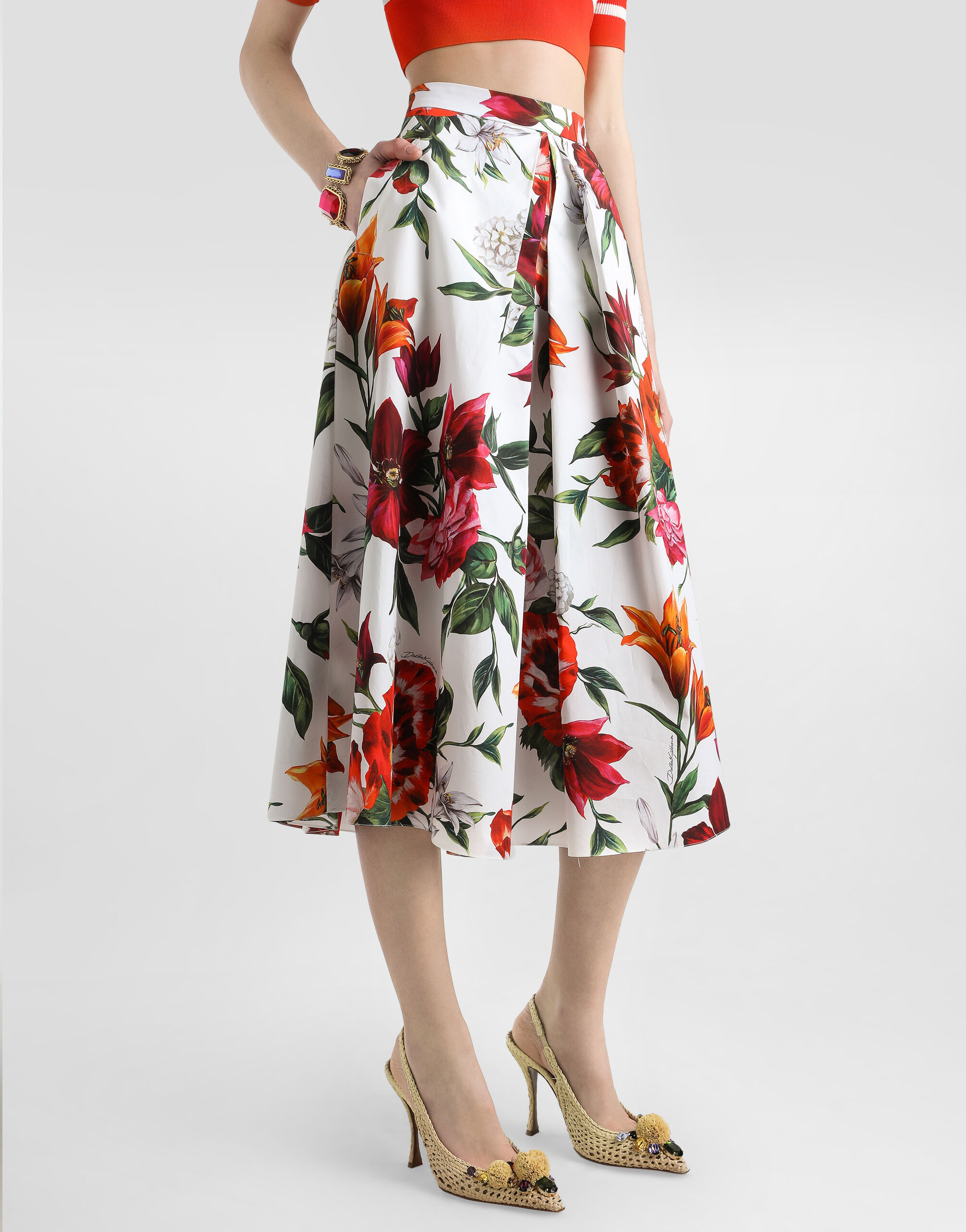 Flower-print pleated poplin skirt - 2
