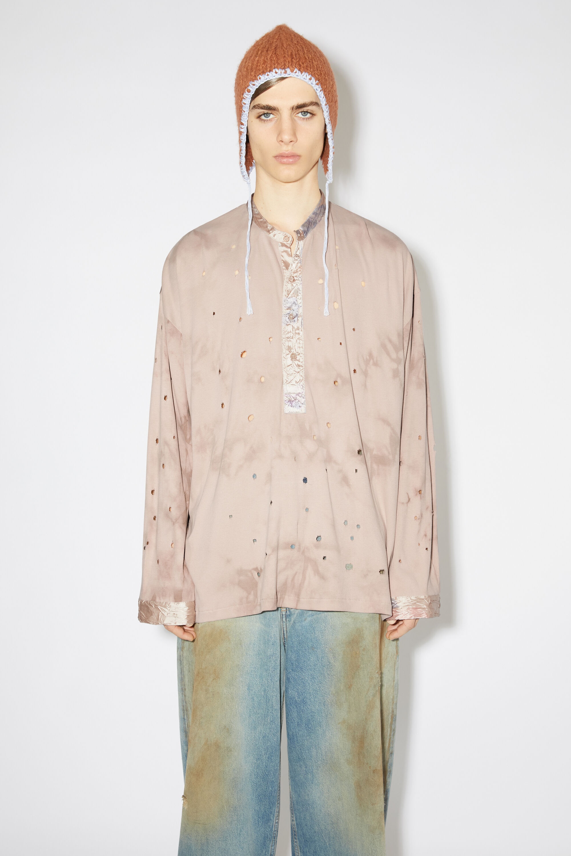 Distressed cotton satin t-shirt - Shell beige - 2