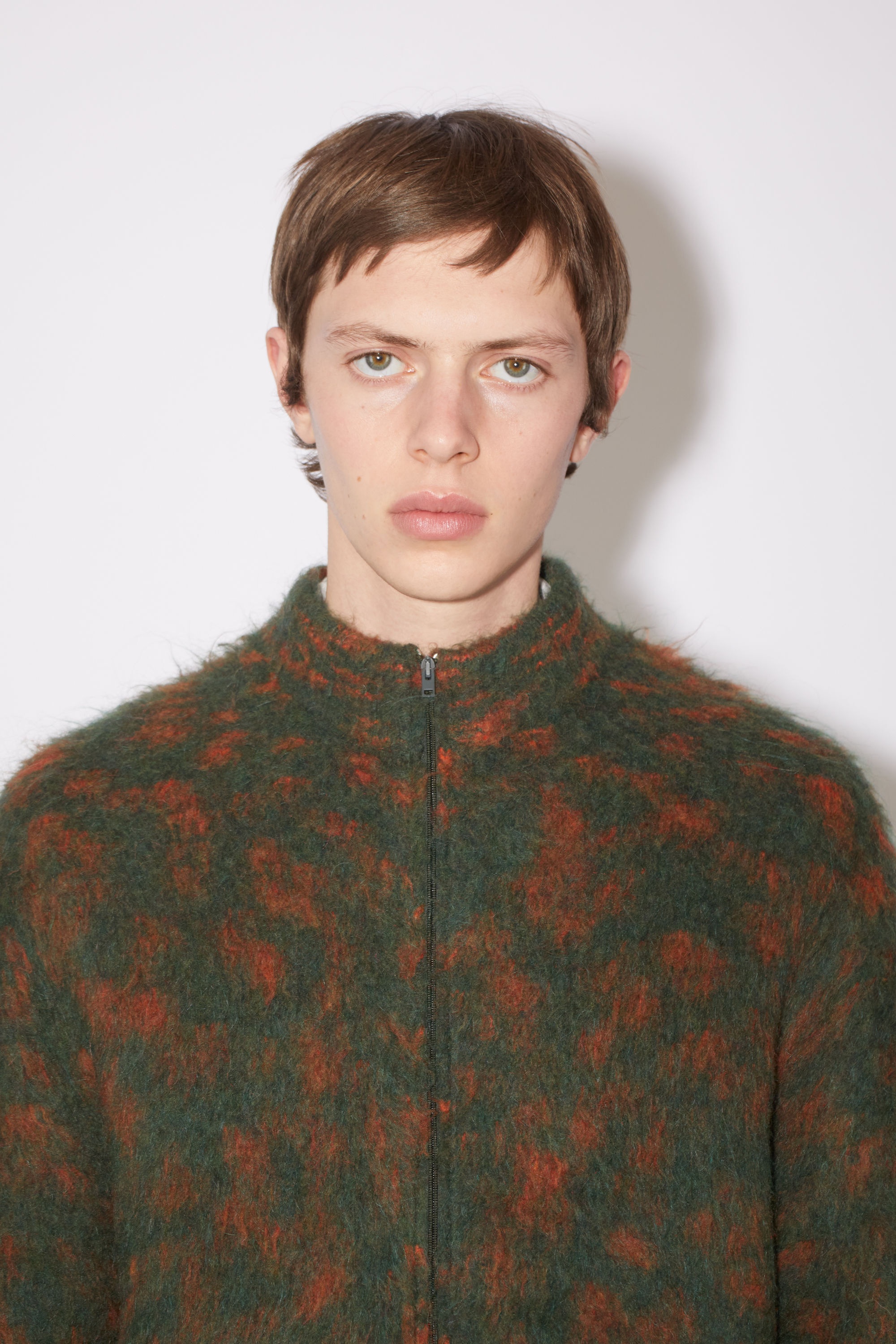 Crew neck zippered cardigan - Forest Green/Orange - 5
