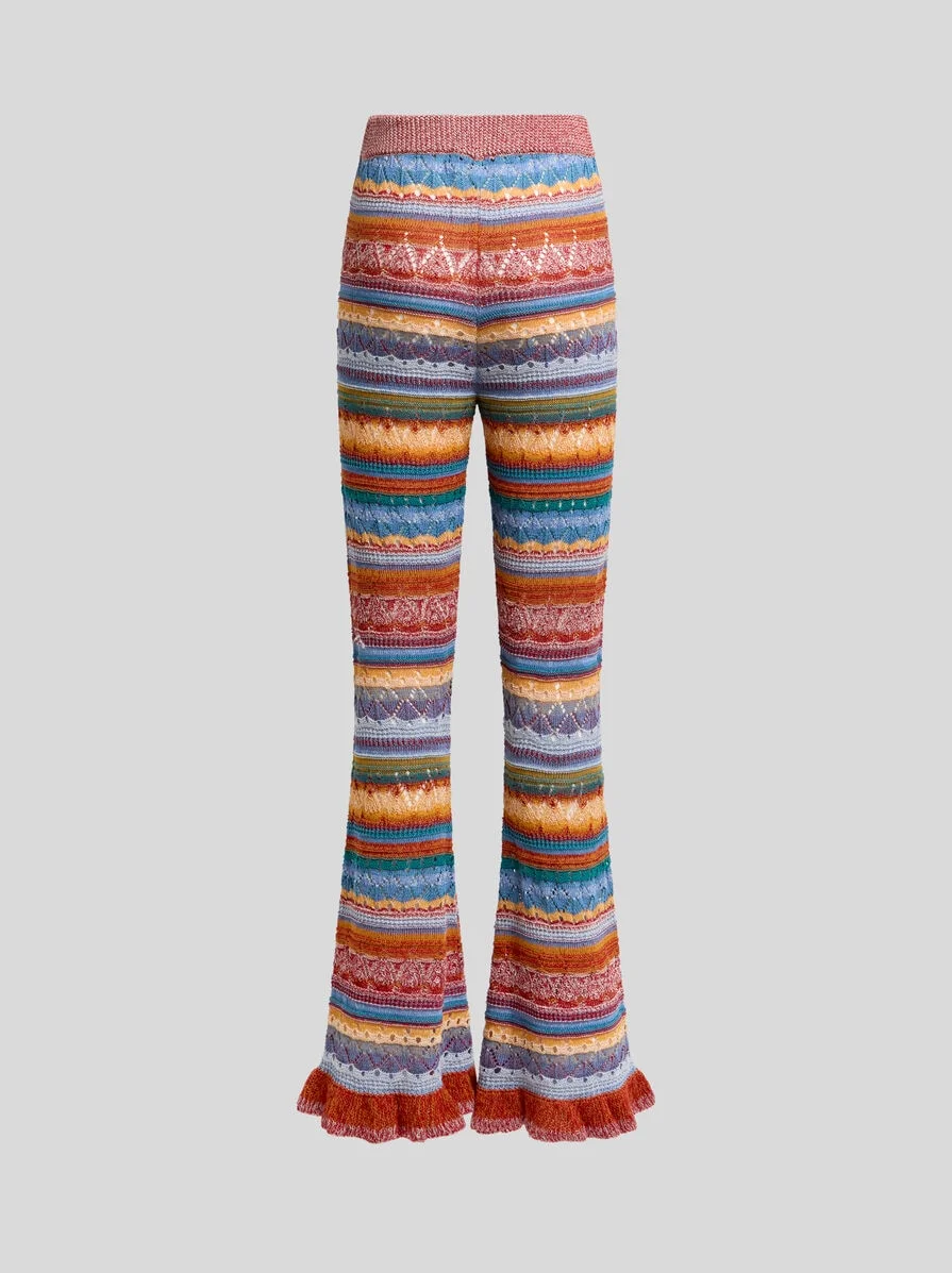 FLARED KNIT COTTON TROUSERS WITH STRIPES AND OPENWORK - 1