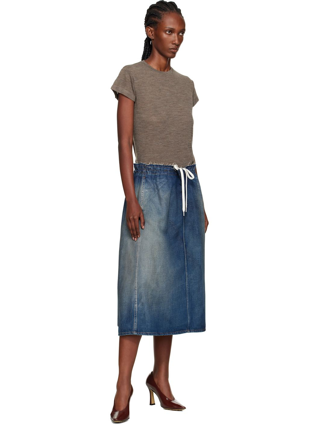 Blue Drawstring Denim Midi Skirt - 4