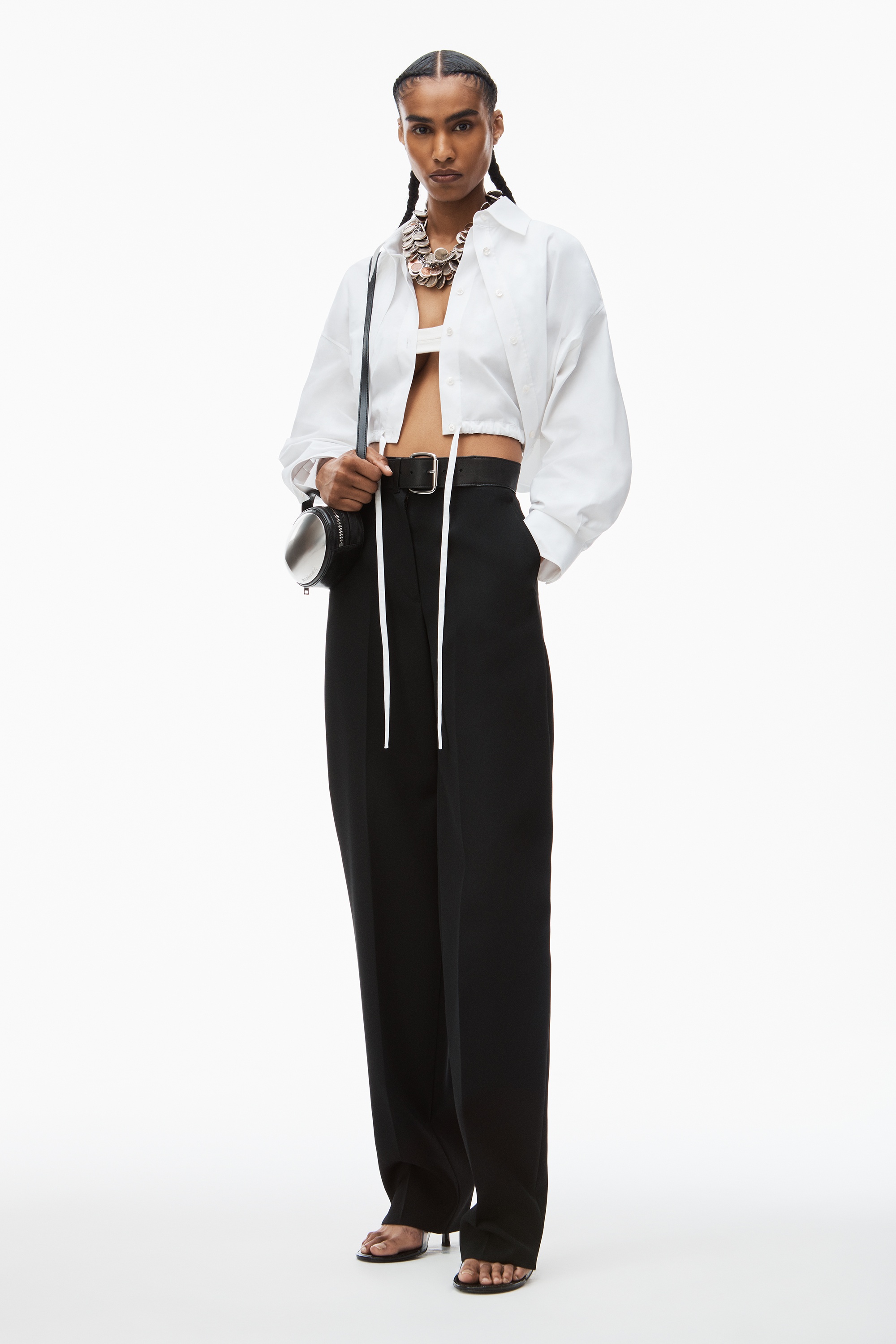 double layered cropped shirt in compact cotton with tie waistband - 6