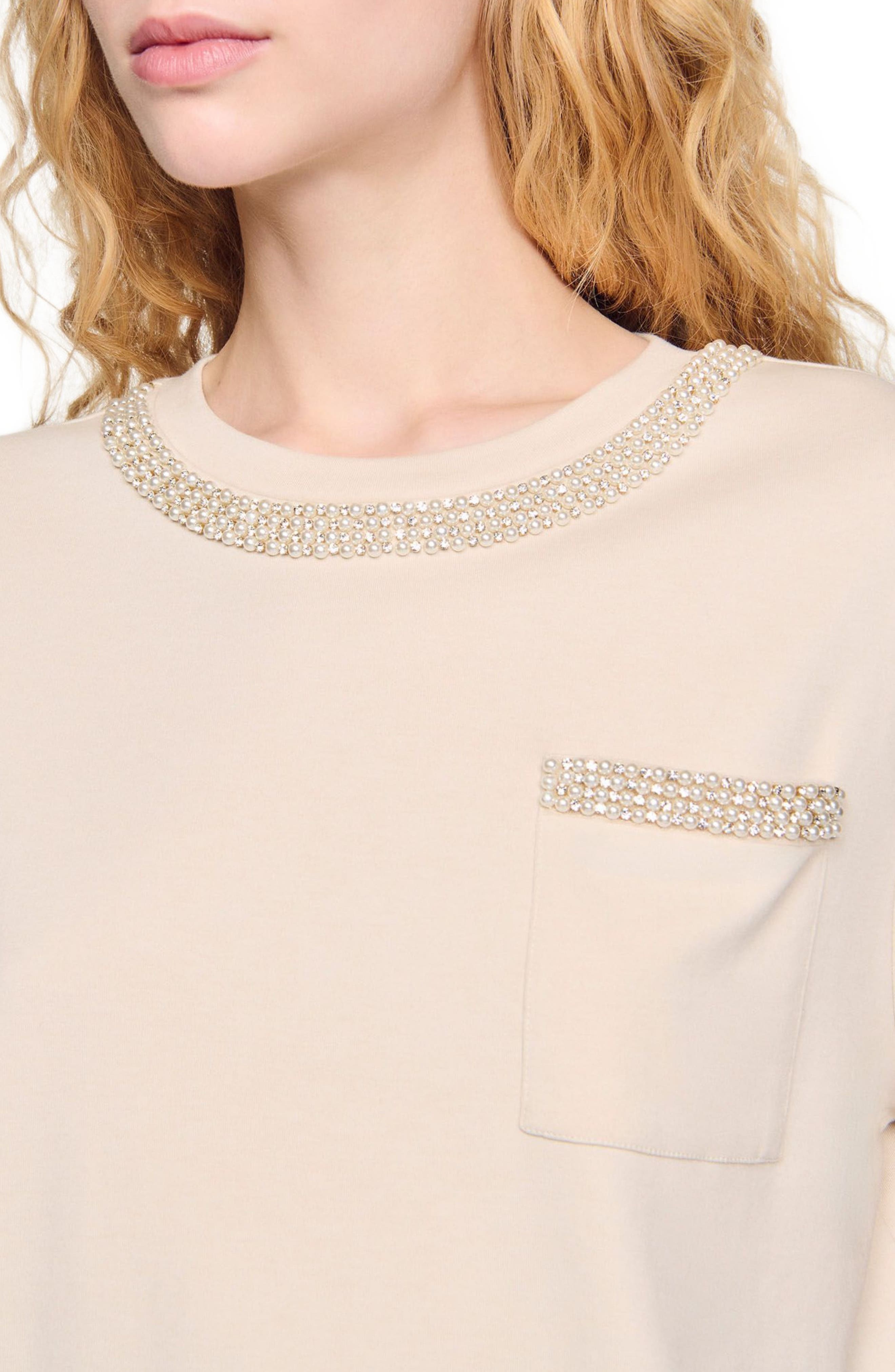SANDRO T-shirt with rhinestone details in Beige at Nordstrom - 4