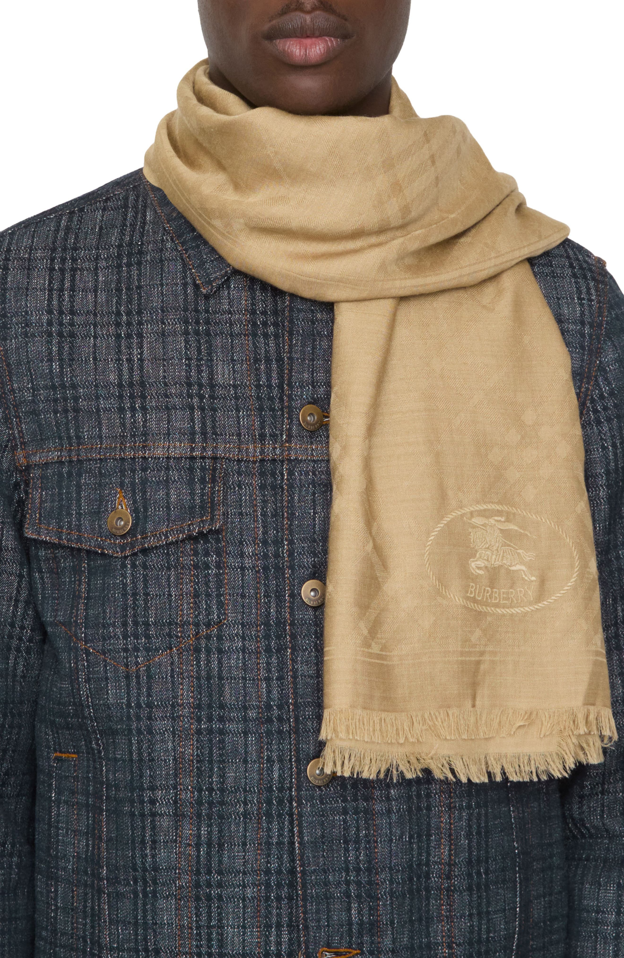 burberry Check EKD Embroidered Wool & Silk Scarf in Sand at Nordstrom - 4