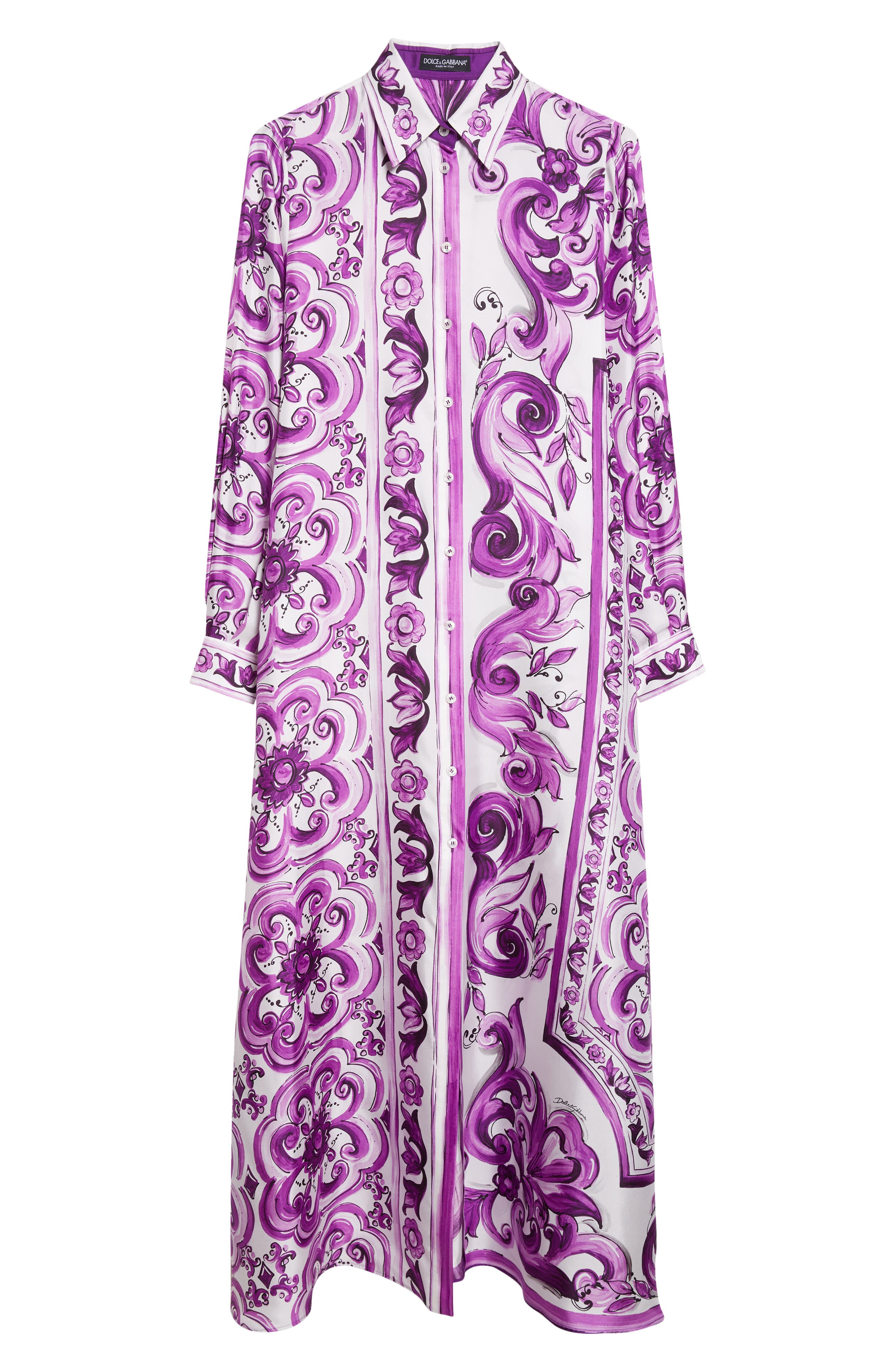 Dolce&Gabbana Majolica Print Long Sleeve Silk Shirtdress in Ip3Tn Mix Maiolica Viola at Nordstrom - 5