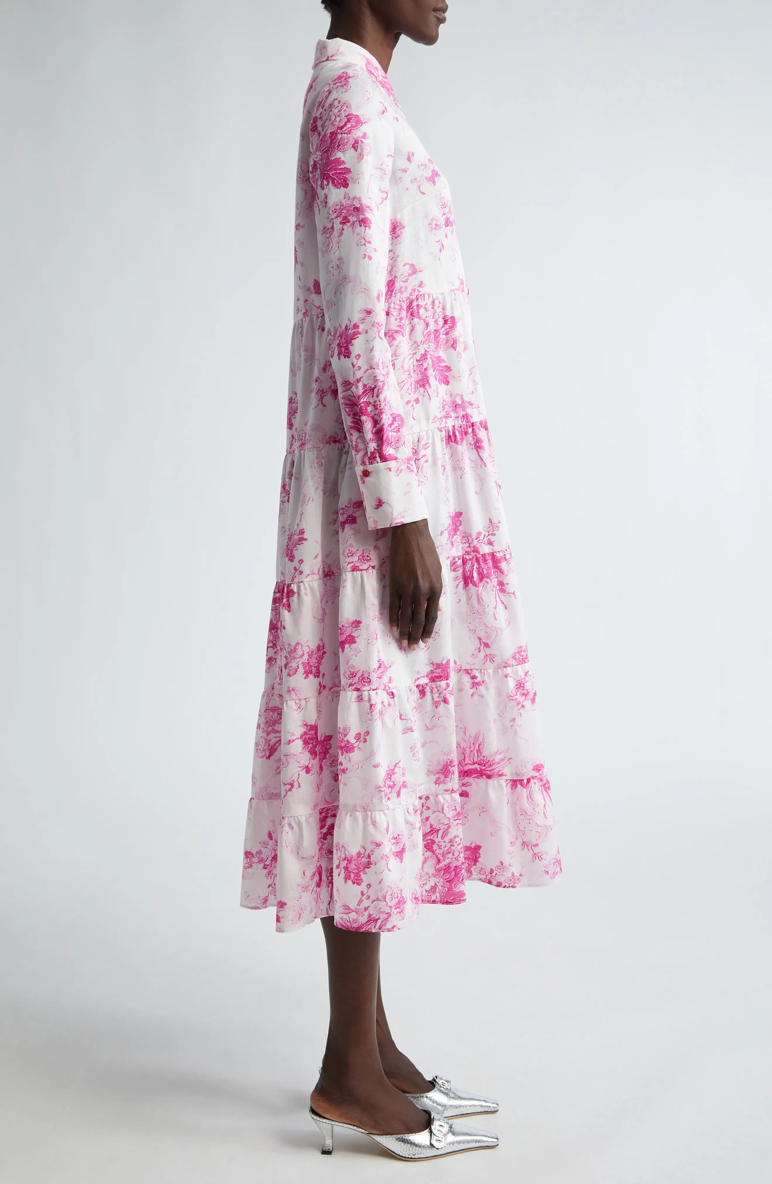 Floral Print Long Sleeve Tiered Shirtdress - 3