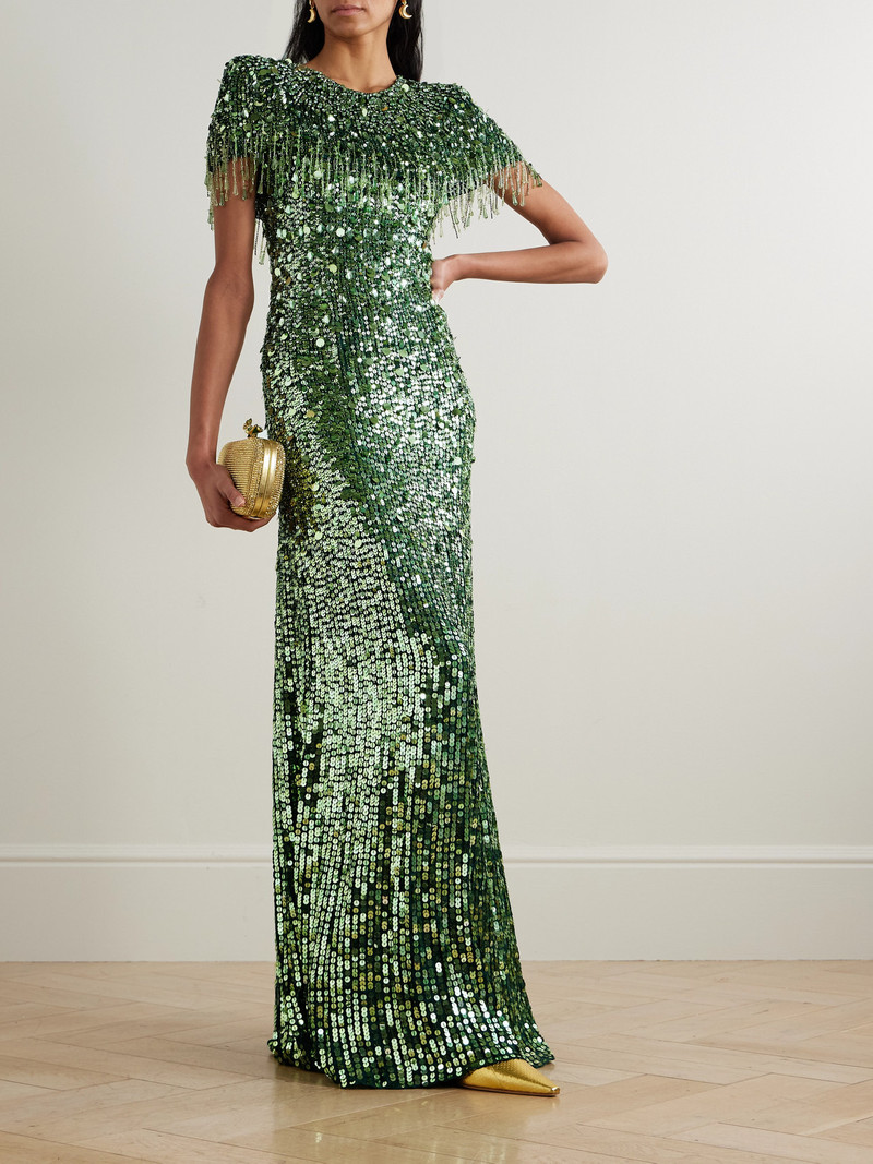 JENNY PACKHAM Eugenie Fringed Cape-effect Embellished Satin Gown outlook