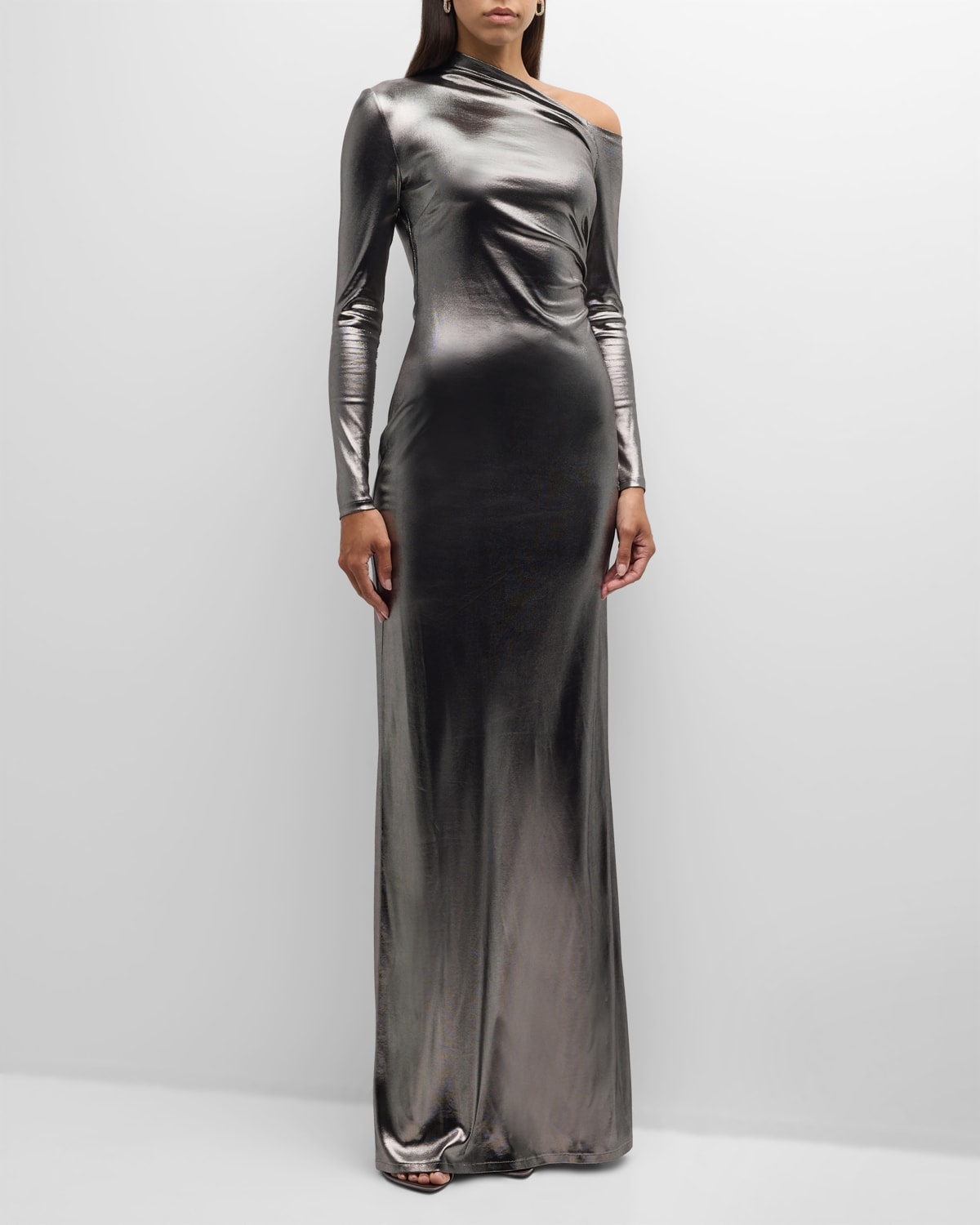 Metallic Long-Sleeve Ruched Gown - 3