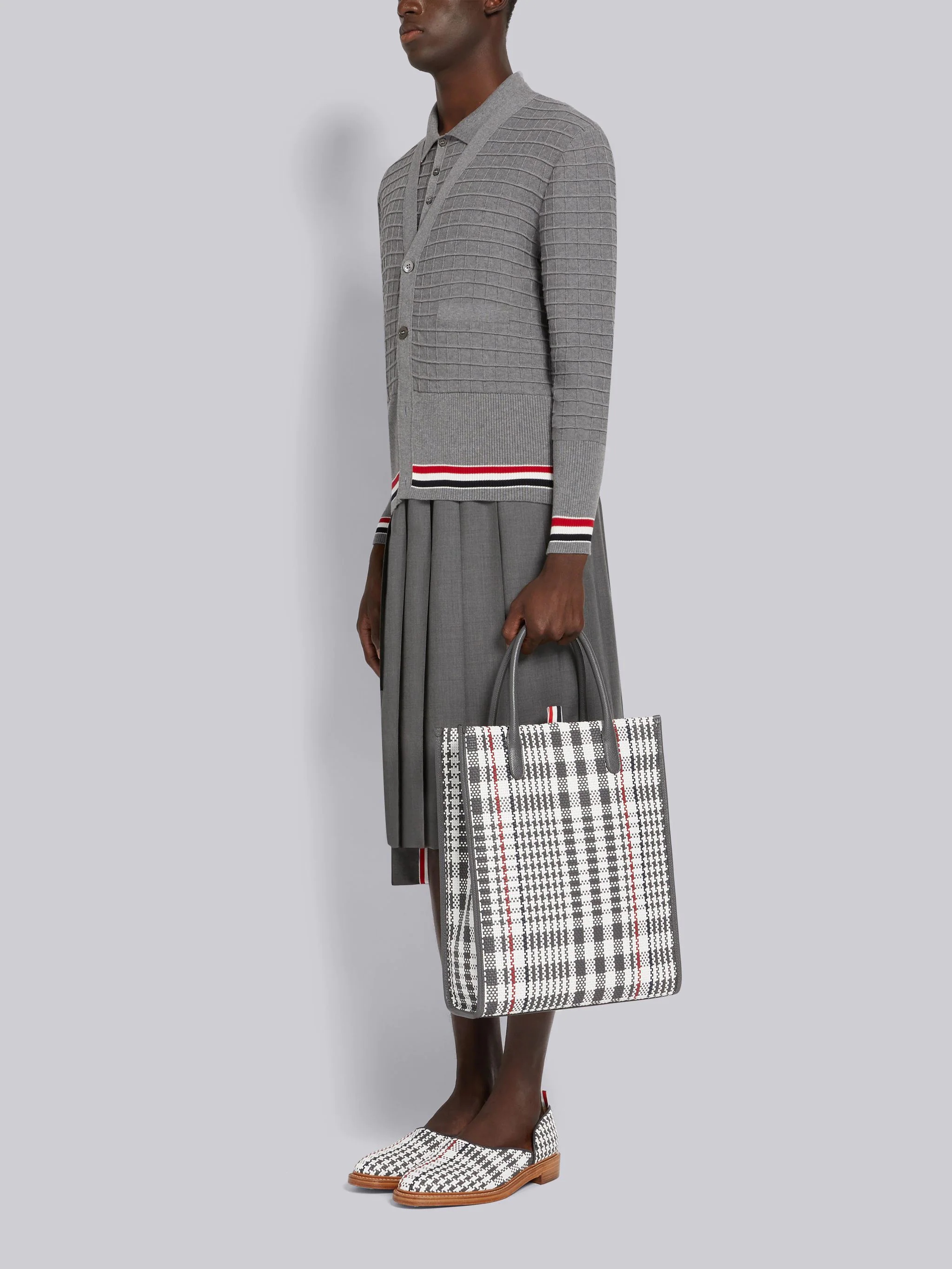 Dark Grey Calf Check Weaving Leather Frame Vertical Tote - 6