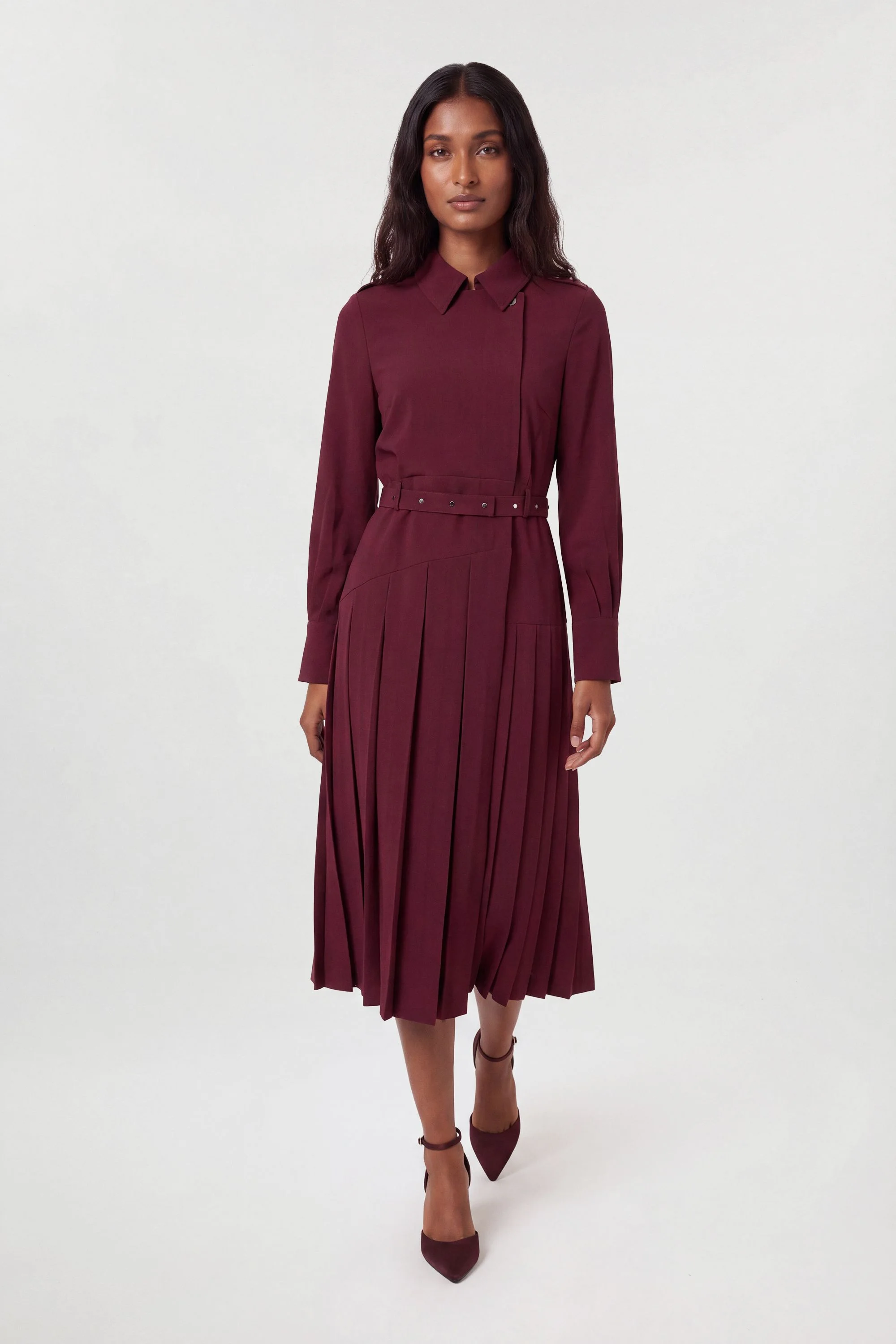 Tailored Crepe Pleated Kilted Midi Dress - 1