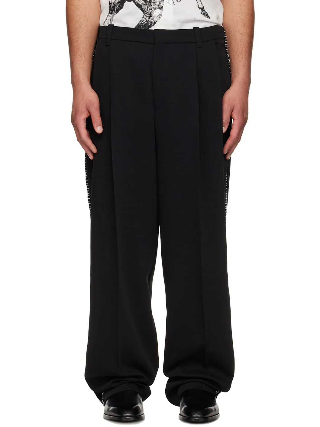 Black Pleat-Front Whipstitch Detail Trousers. - 1