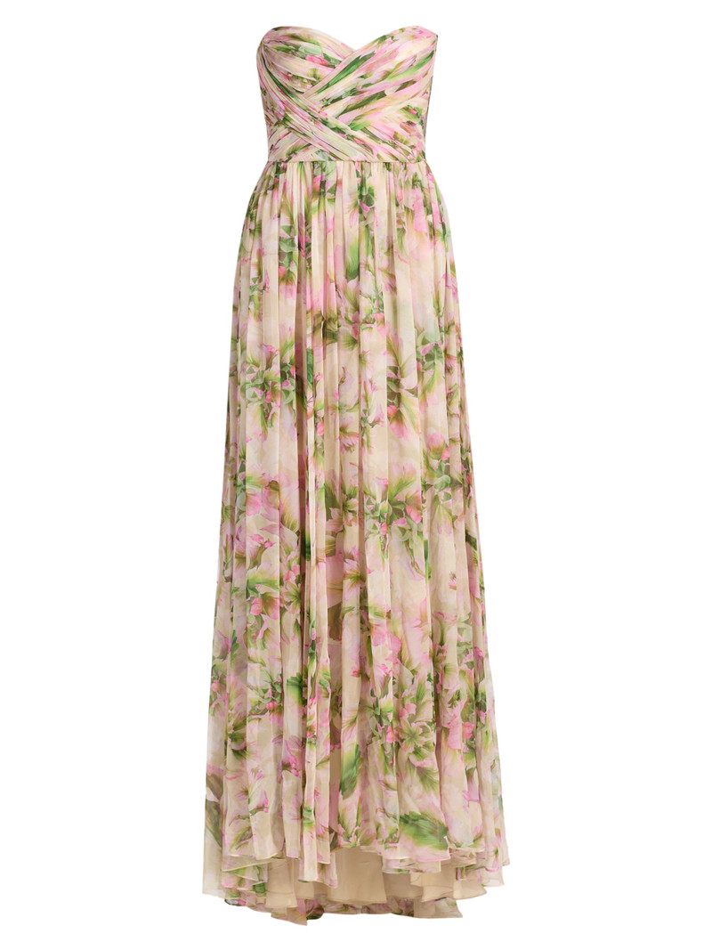 Women's Floral Chiffon Draped Strapless Gown - Carnation Multi 1