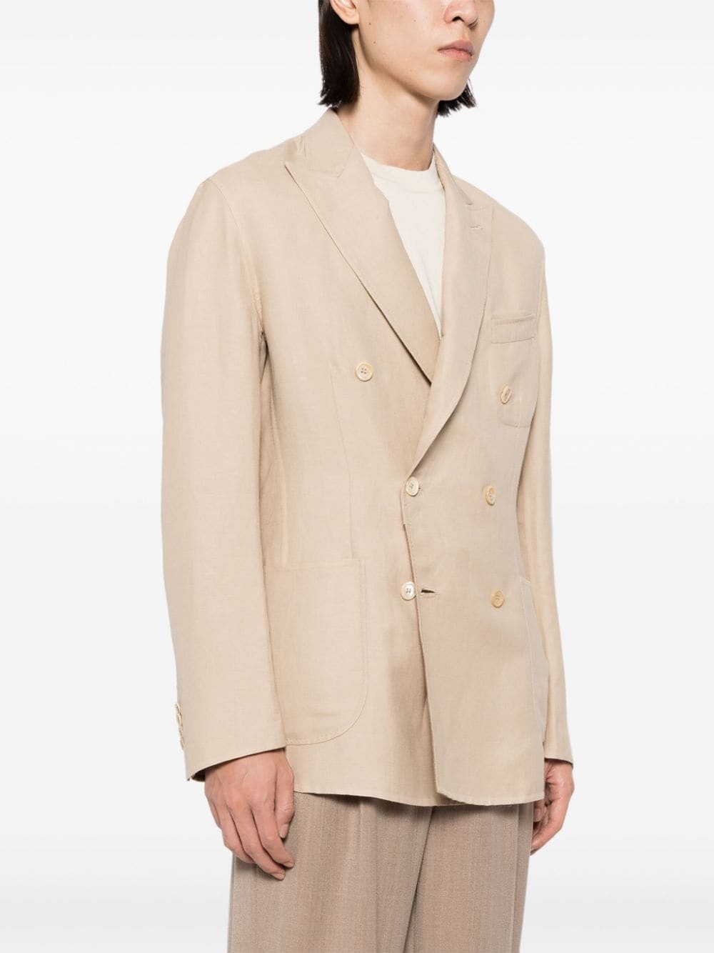 double-breasted linen blend blazer - 3