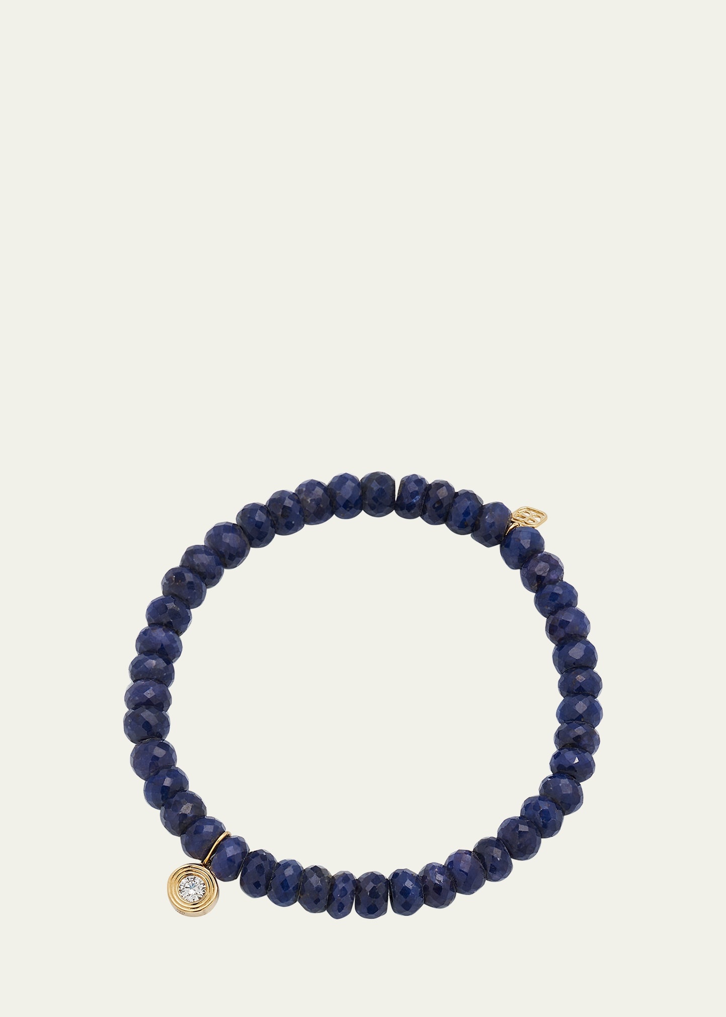 14K Gold Fluted Diamond Charm on Blue Sapphire Rondelle Bead Bracelet - 1