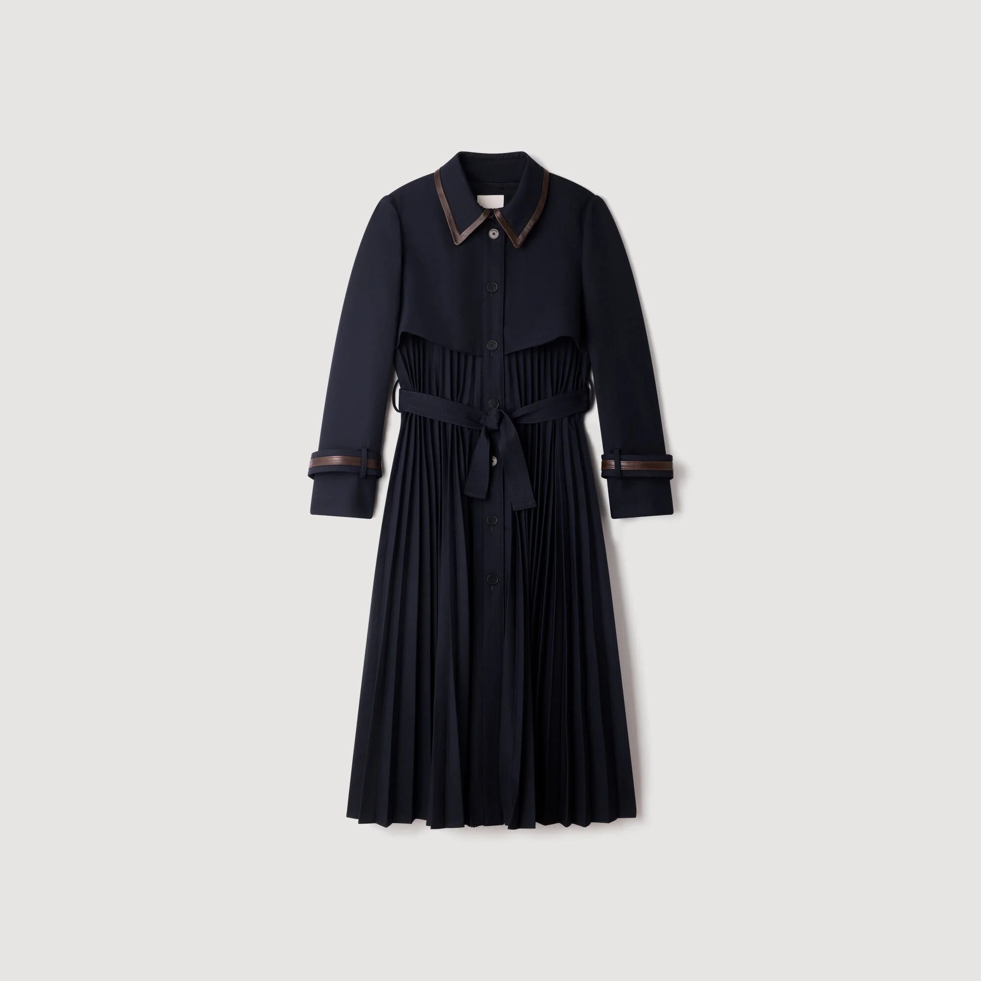 TRENCH WITH PLEATED LEATHER COLLAR - 1