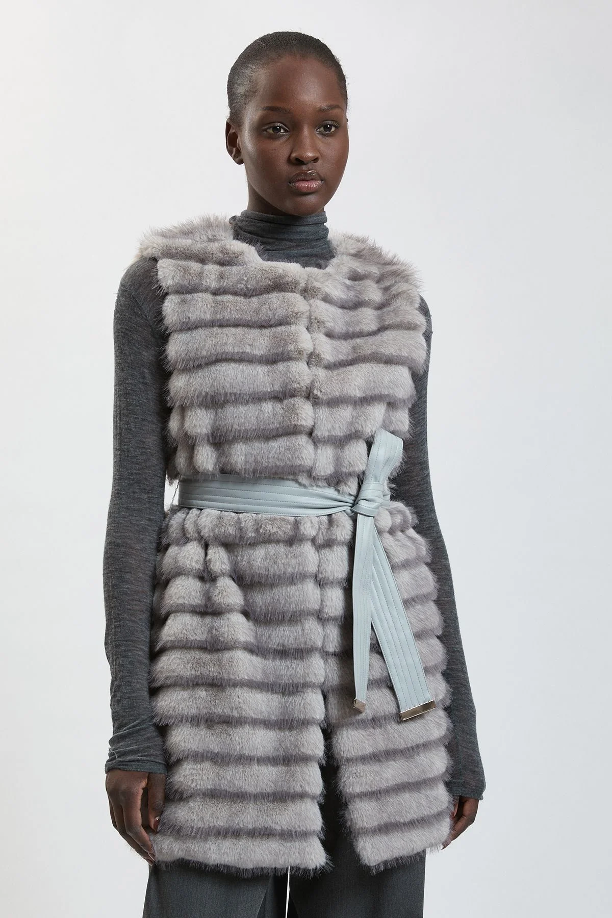 Tipped Faux Fur Panelled Belted Gilet - 1