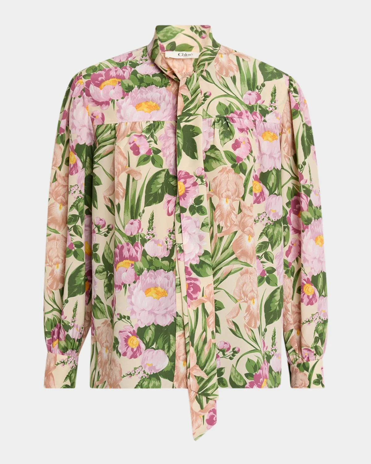 Floral Silk Neck-Tie Button-Down Blouse - 1