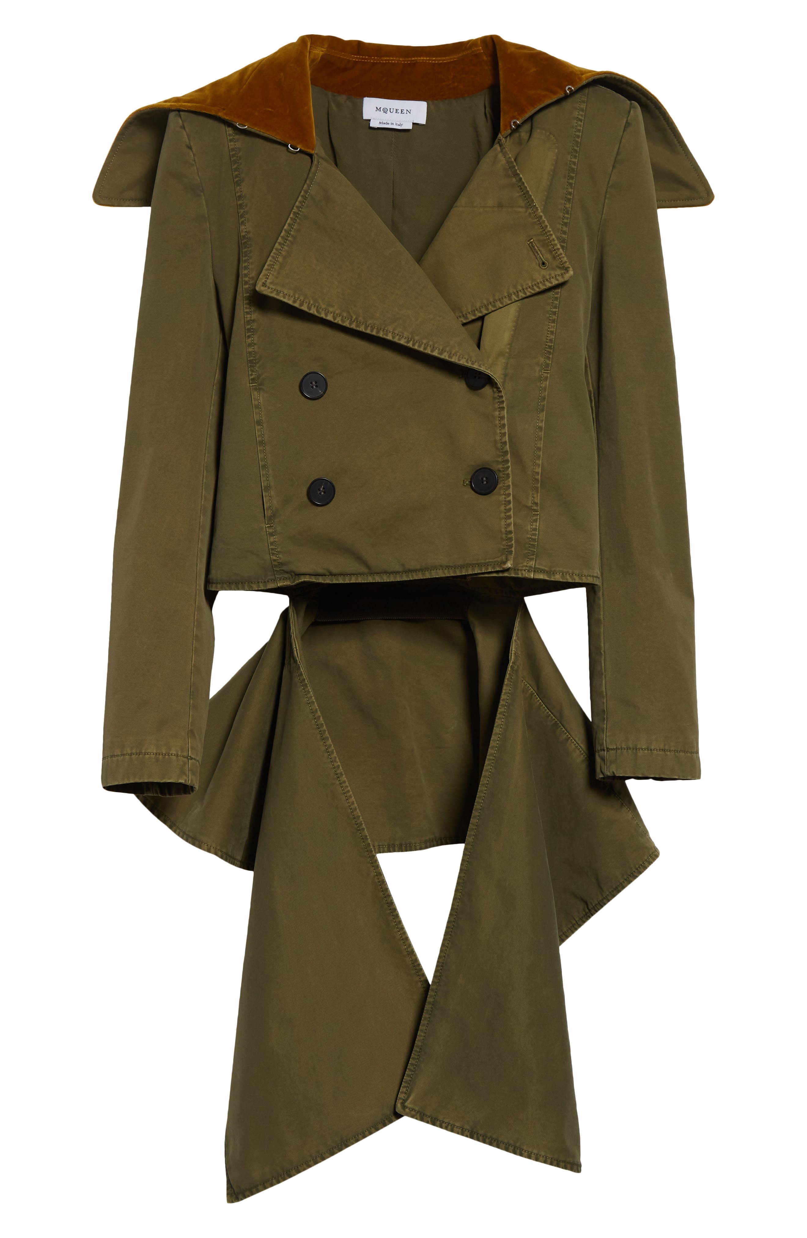 McQueen Velvet Collar Double Breasted Twill Peplum Jacket in Khaki at Nordstrom - 7
