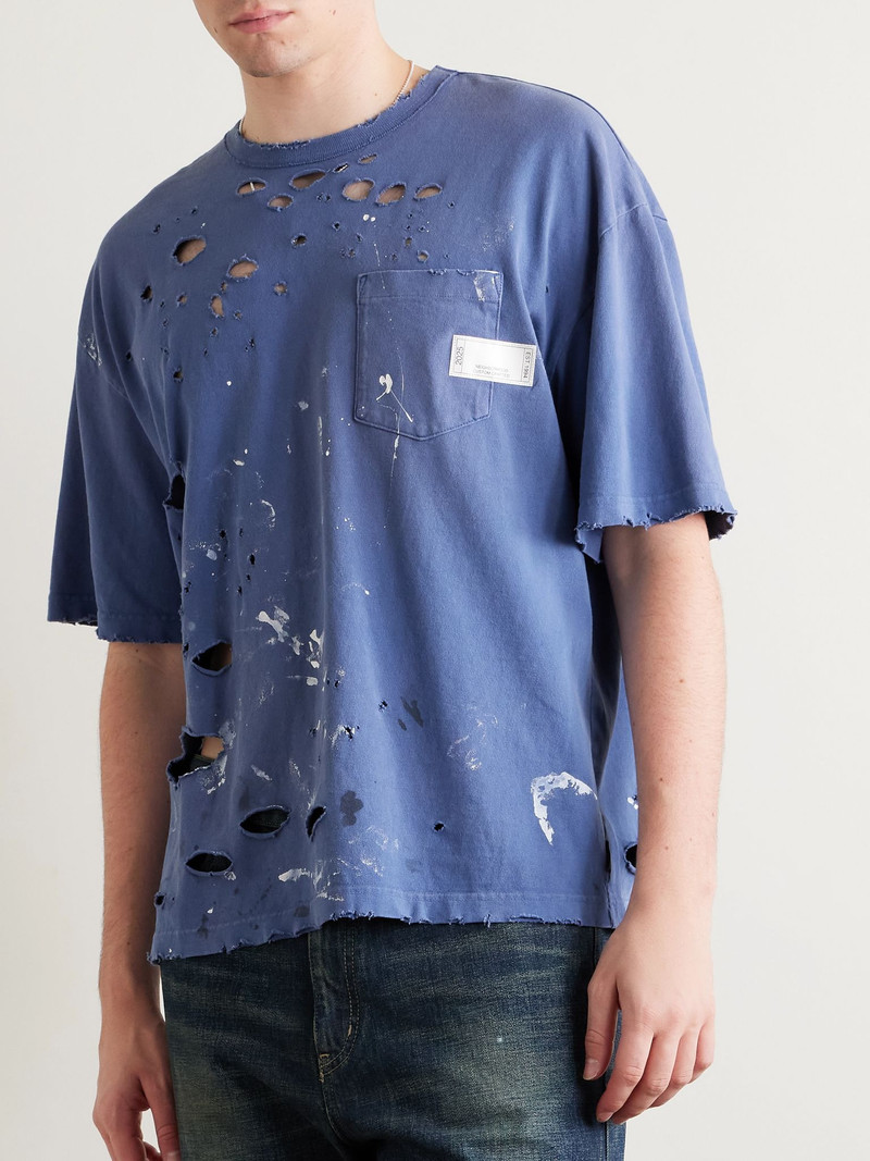 Savage Distressed Paint-Splattered Cotton-Jersey T-Shirt Blue 3