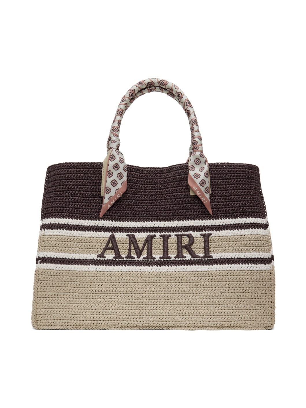 Brown Woven Stripe Raffia Tote - 1