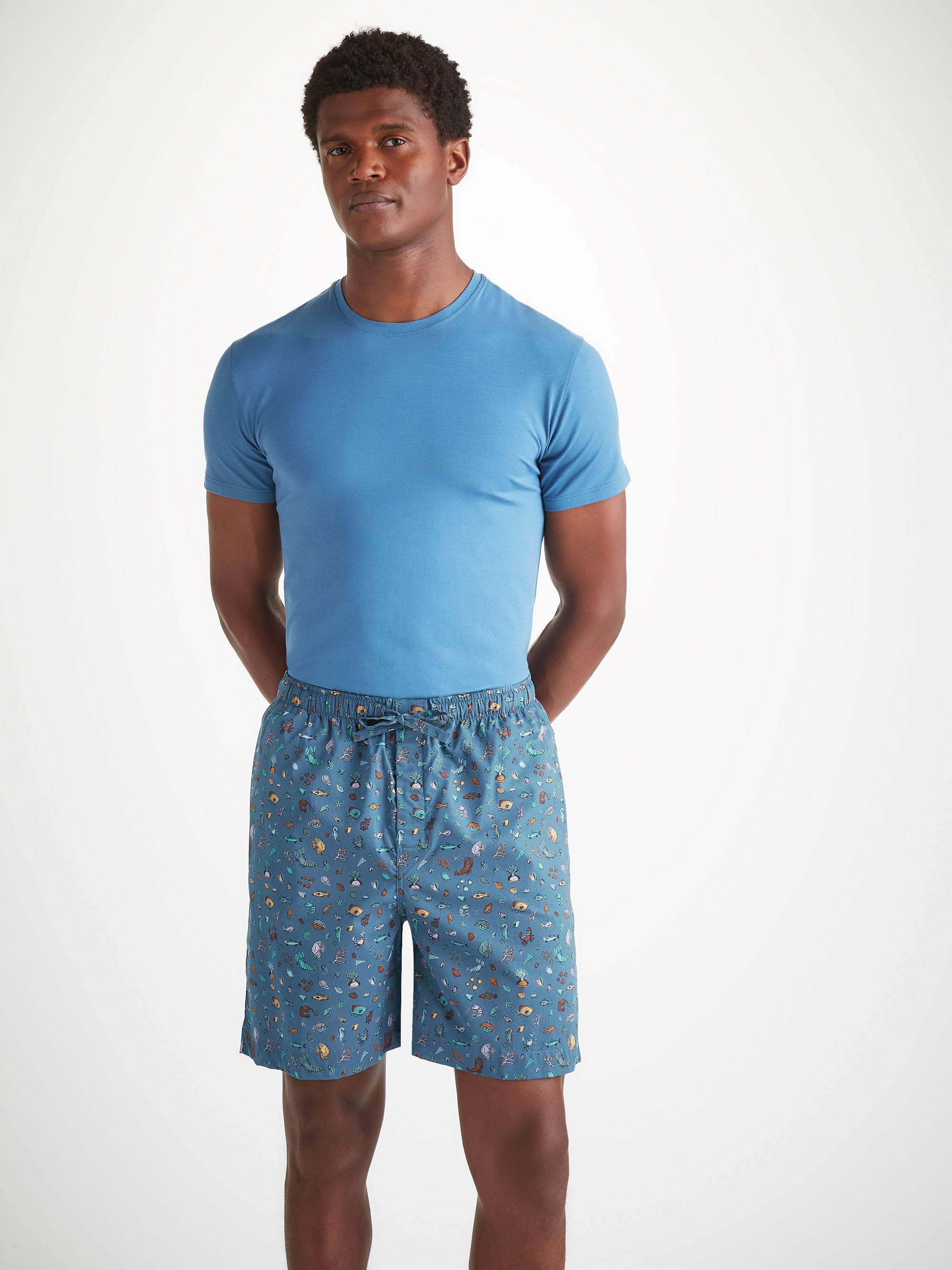 Men's Lounge Shorts Cotton Batiste Blue Sea Friends Print - 5
