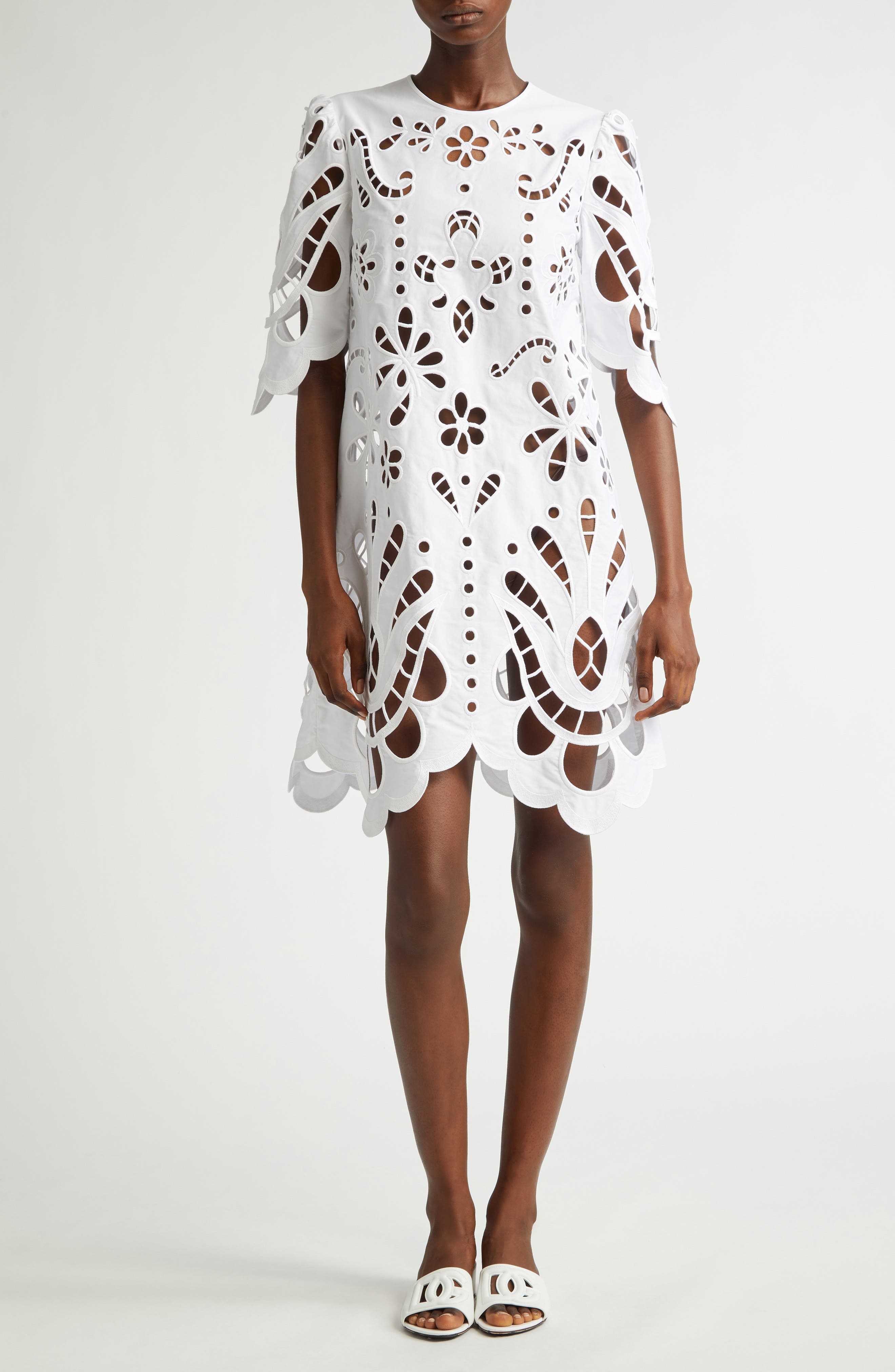Dolce&Gabbana Openwork Embroidered Poplin Shift Dress in Bianco Ottico at Nordstrom - 1