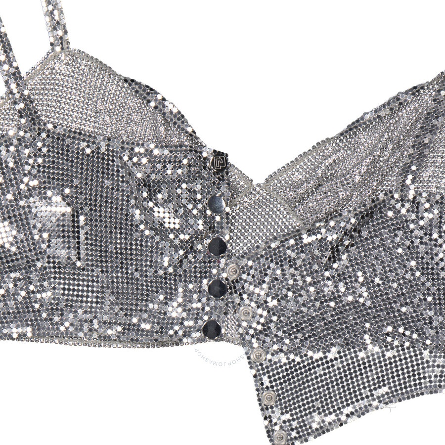 Rabanne Ladies Silver Perforated Sweetheart Neck Cropped Top - 6