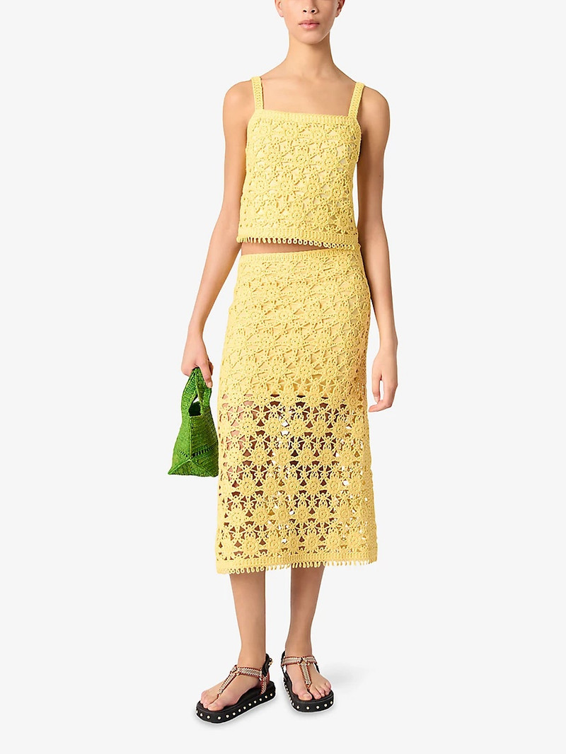 maje Openwork Slim-Fit High-Rise Crochet Midi Skirt outlook