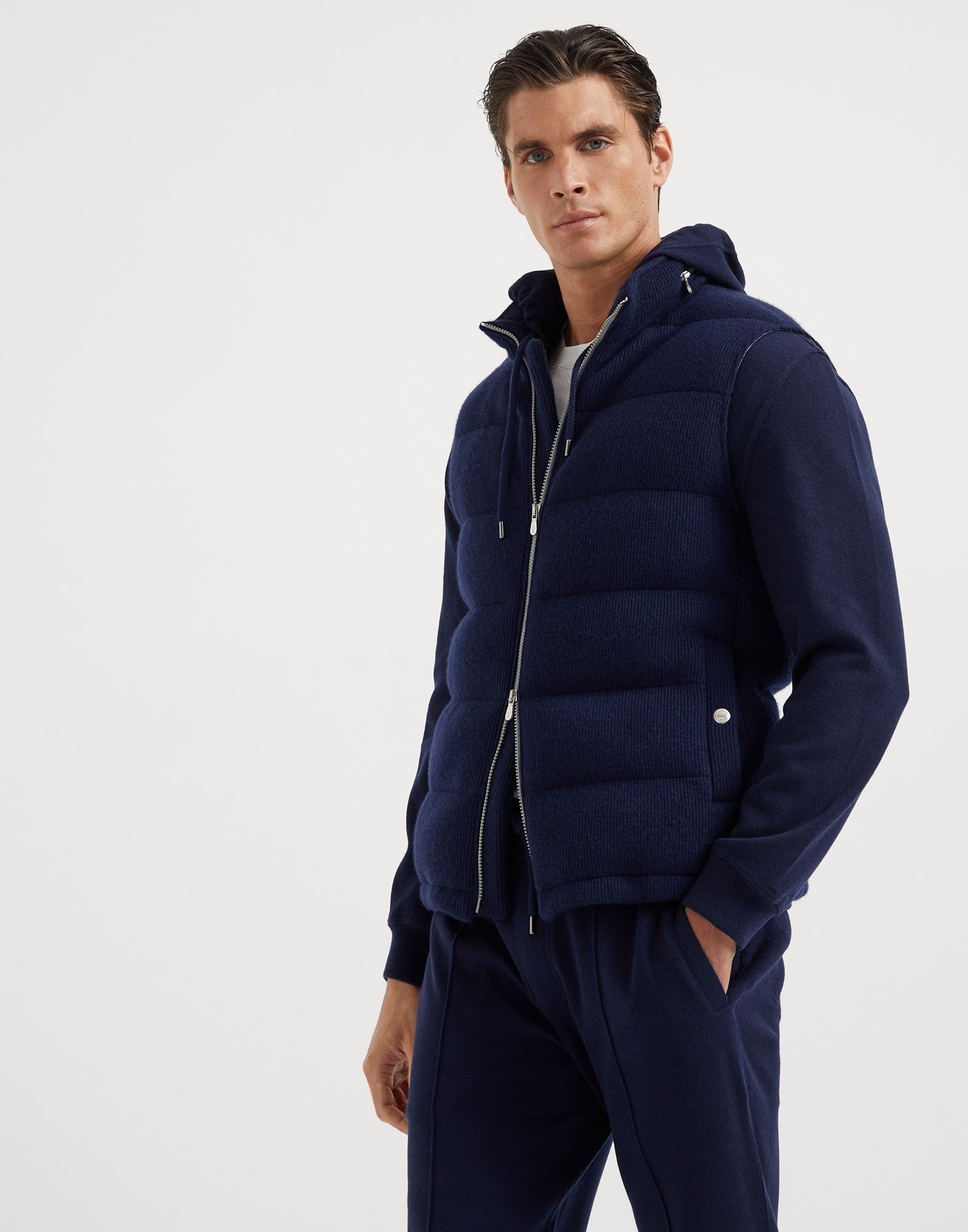 Cashmere English rib knit down vest with packable hood - 1