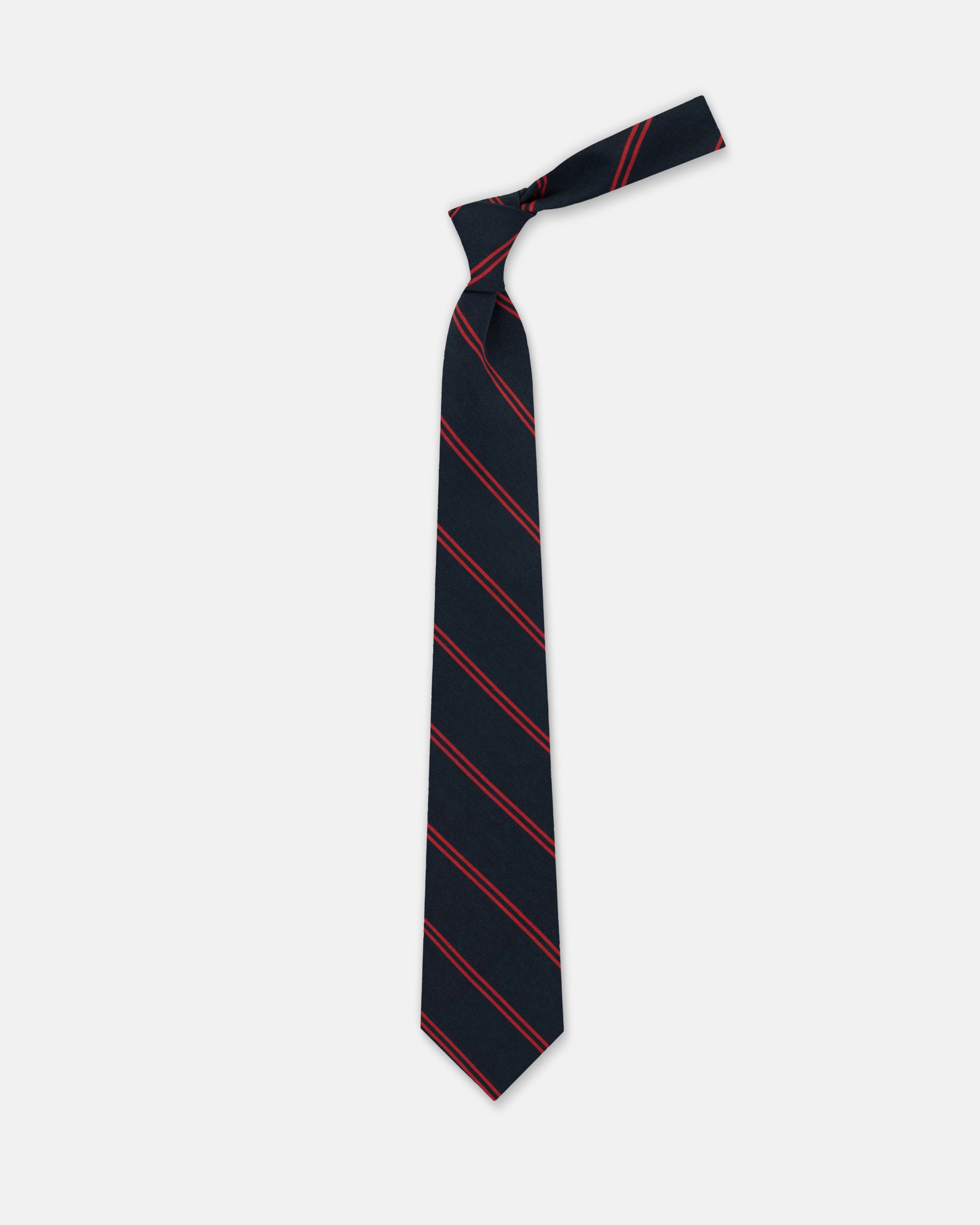 MADE-IN-UK NAVY & BURGUNDY DOUBLE BAR STRIPE IRISH POPLIN TIE - 1