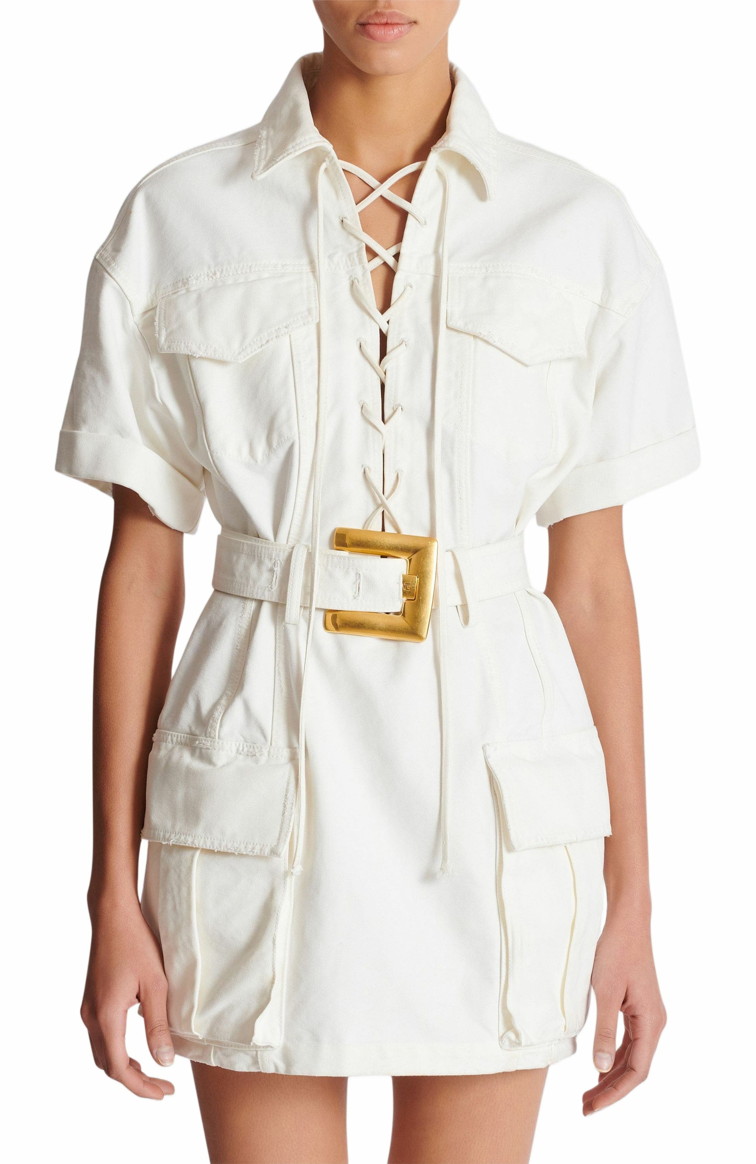 Balmain Short lace-up canvas dress in White at Nordstrom - 8