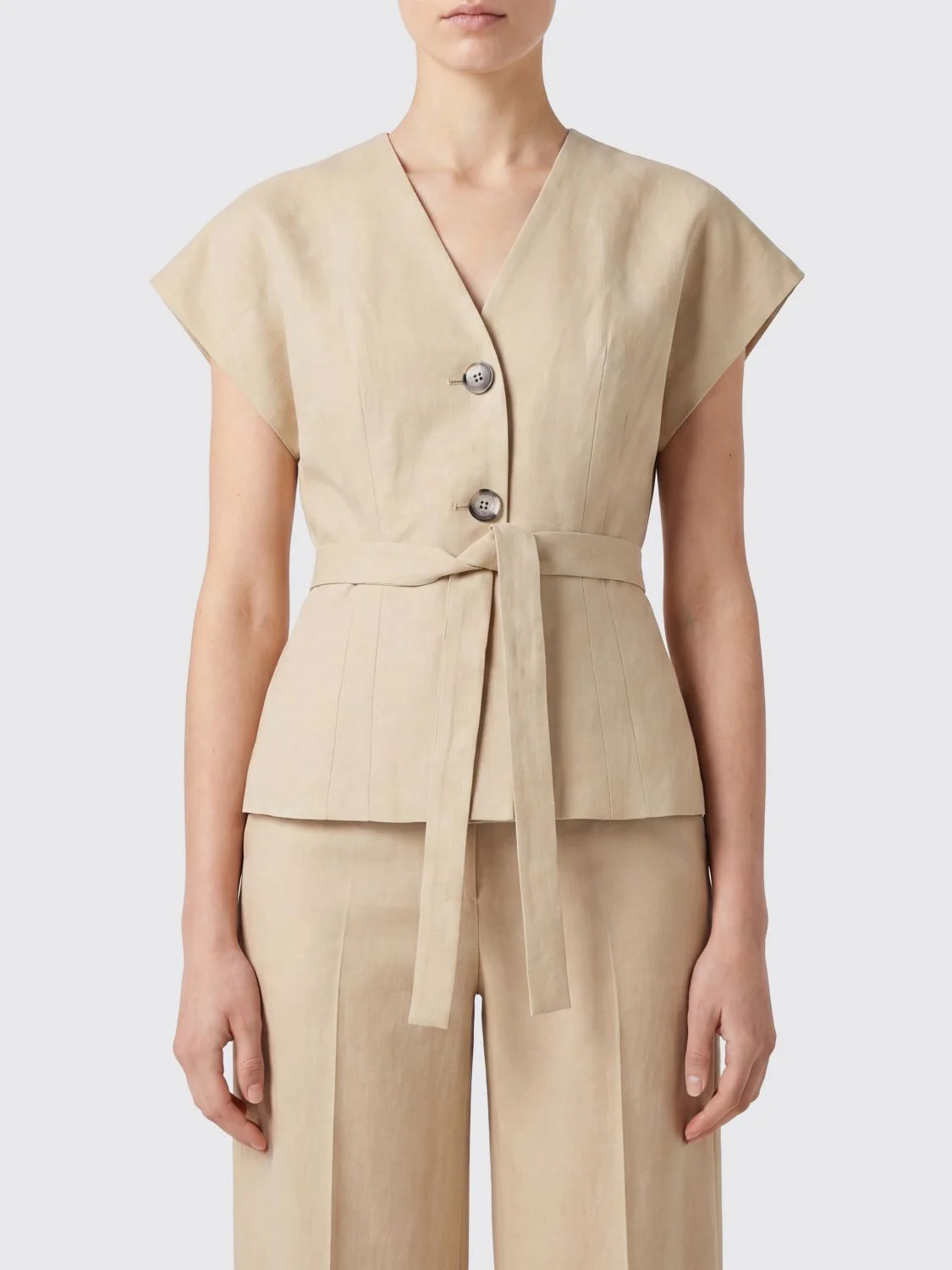 PAUL SMITH V-Neck Linen Blouse with Tie-Waist Belt - 1