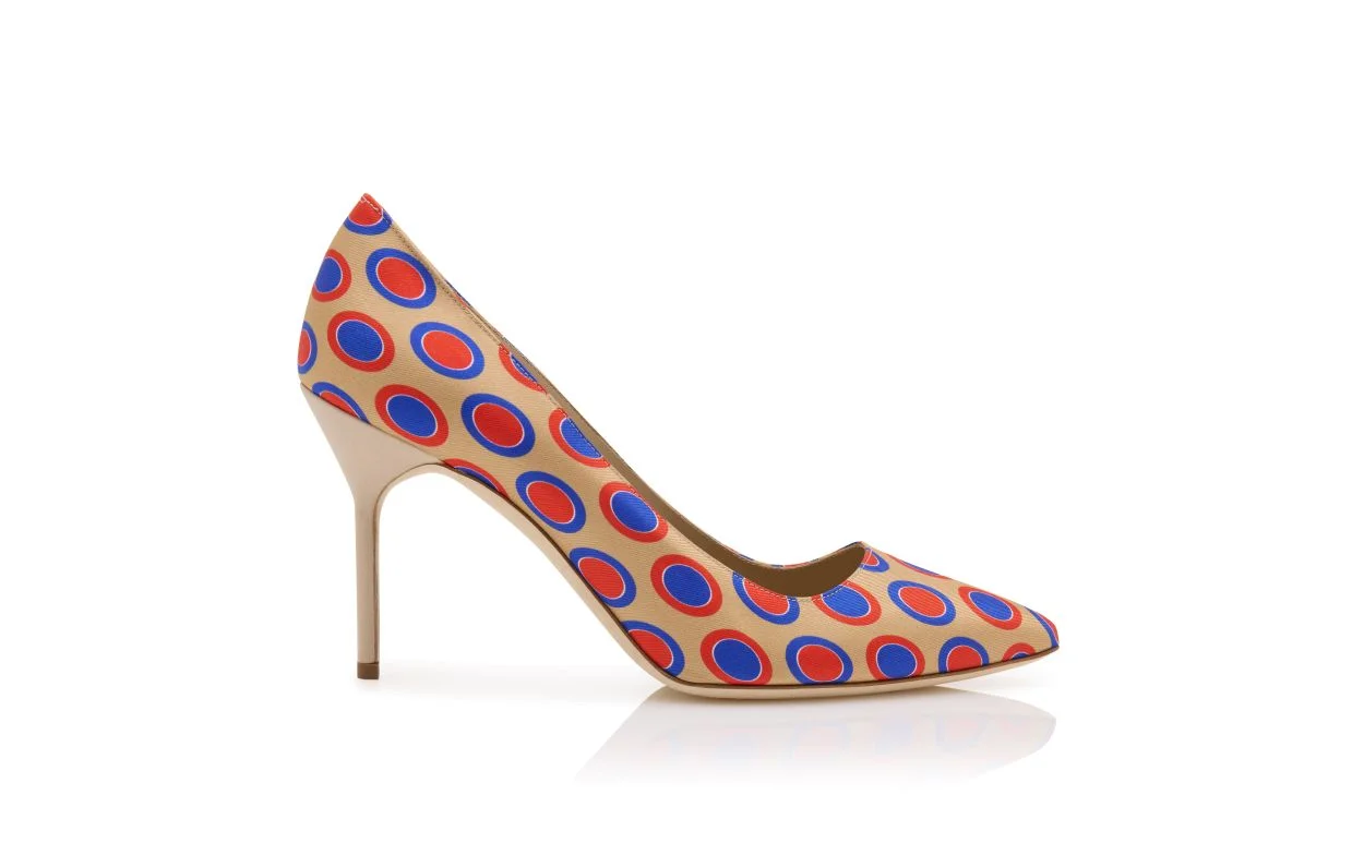 Beige Silk Circular Print Pointed Toe Pumps - 1